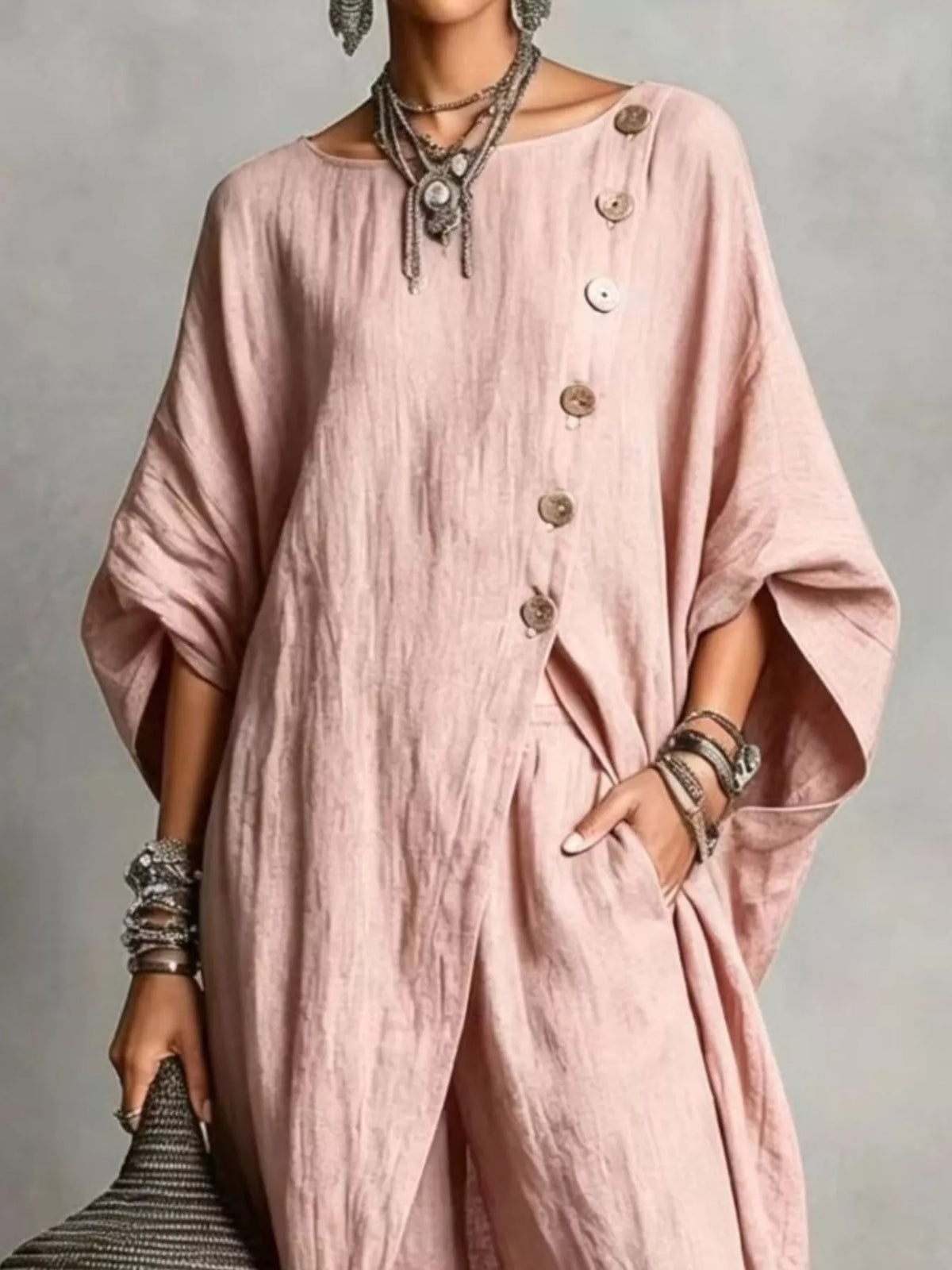 Asymmetric button-down top and wide-leg pants set