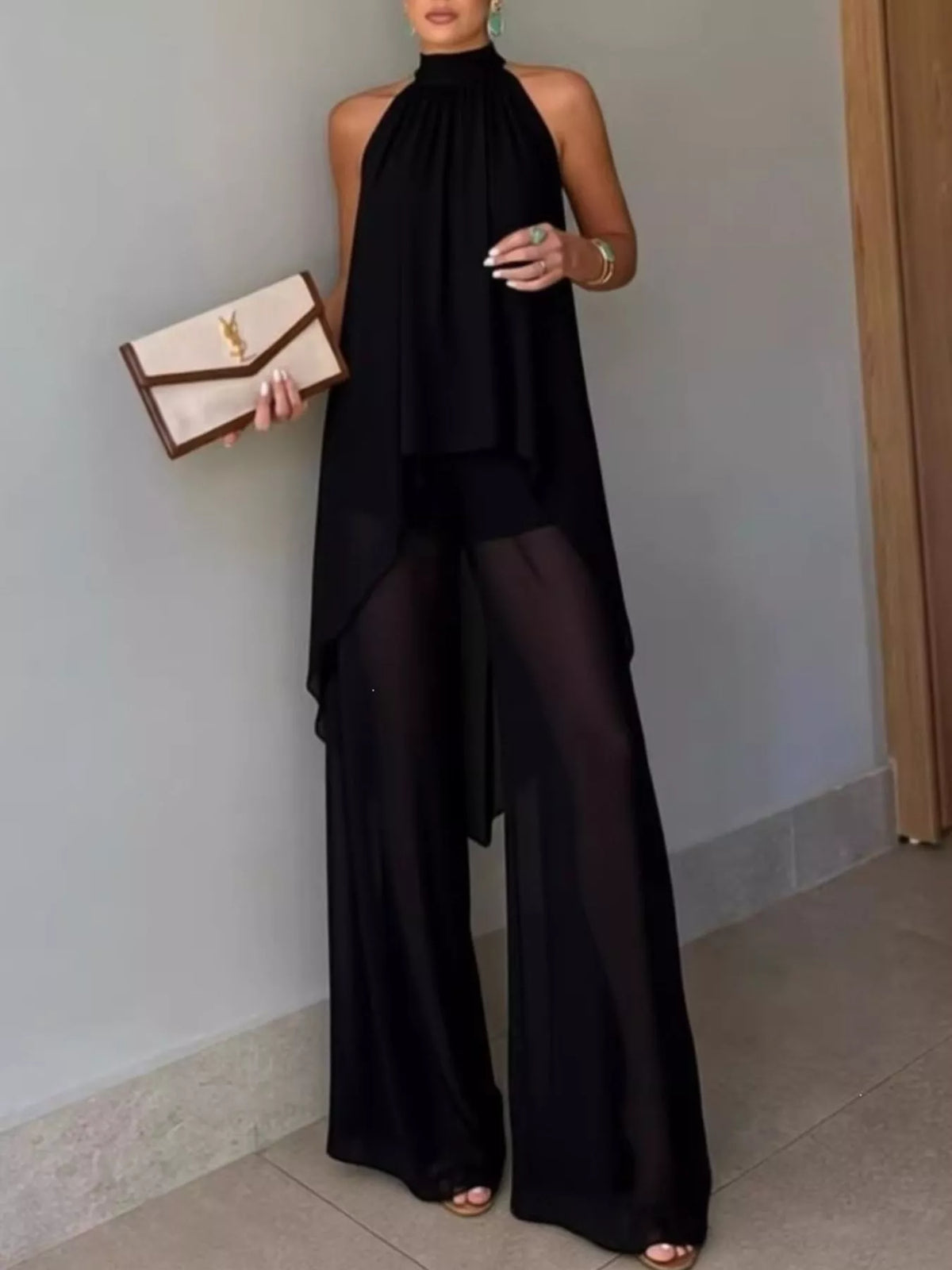 High-low sleeveless top and wide-leg pants two-piece set, Black