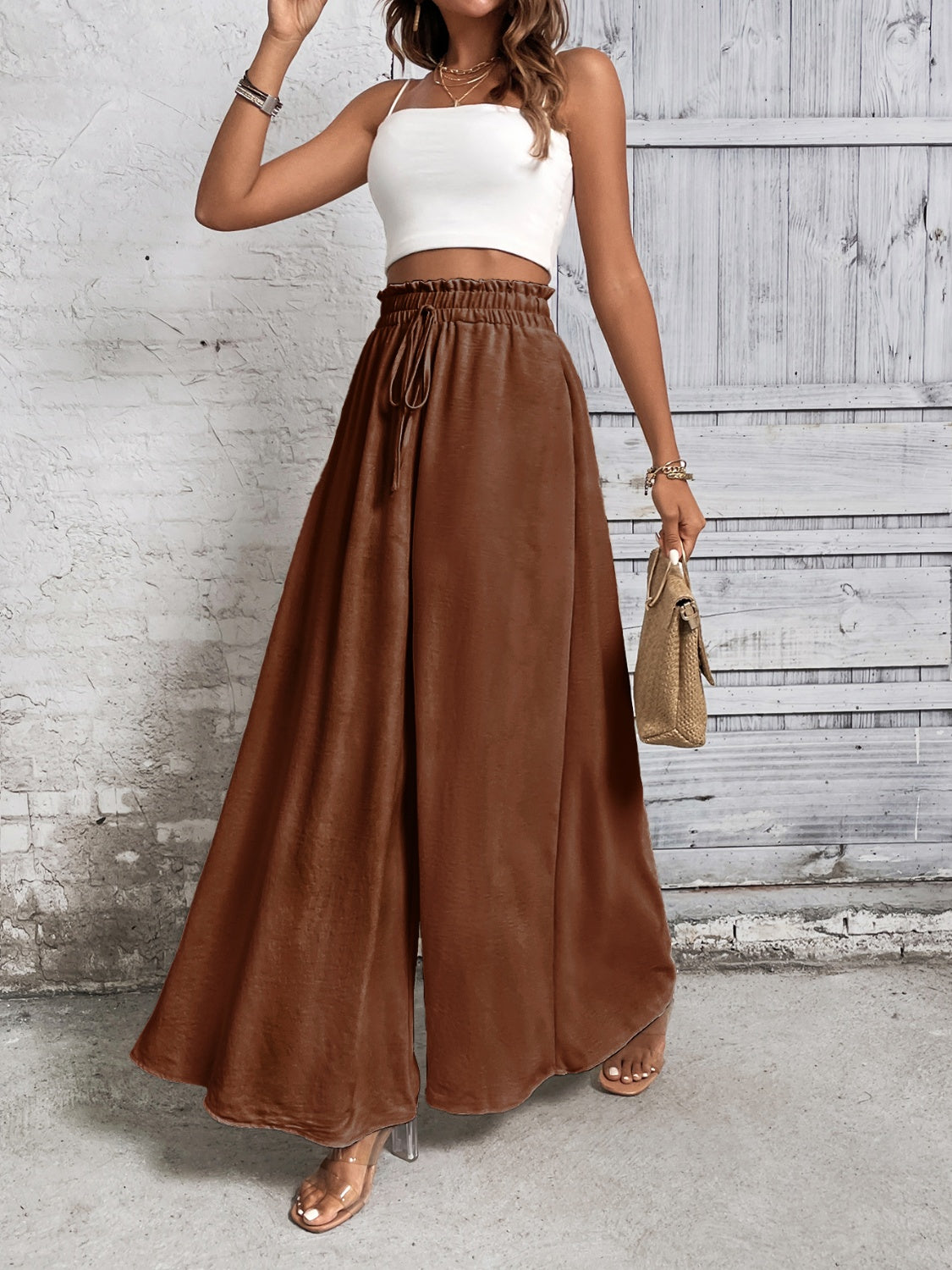 Tied high waist wide leg pants