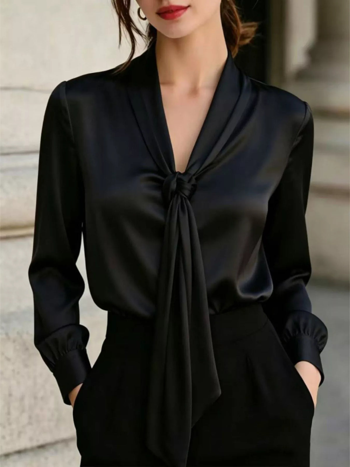 Tie-front satin blouse – black