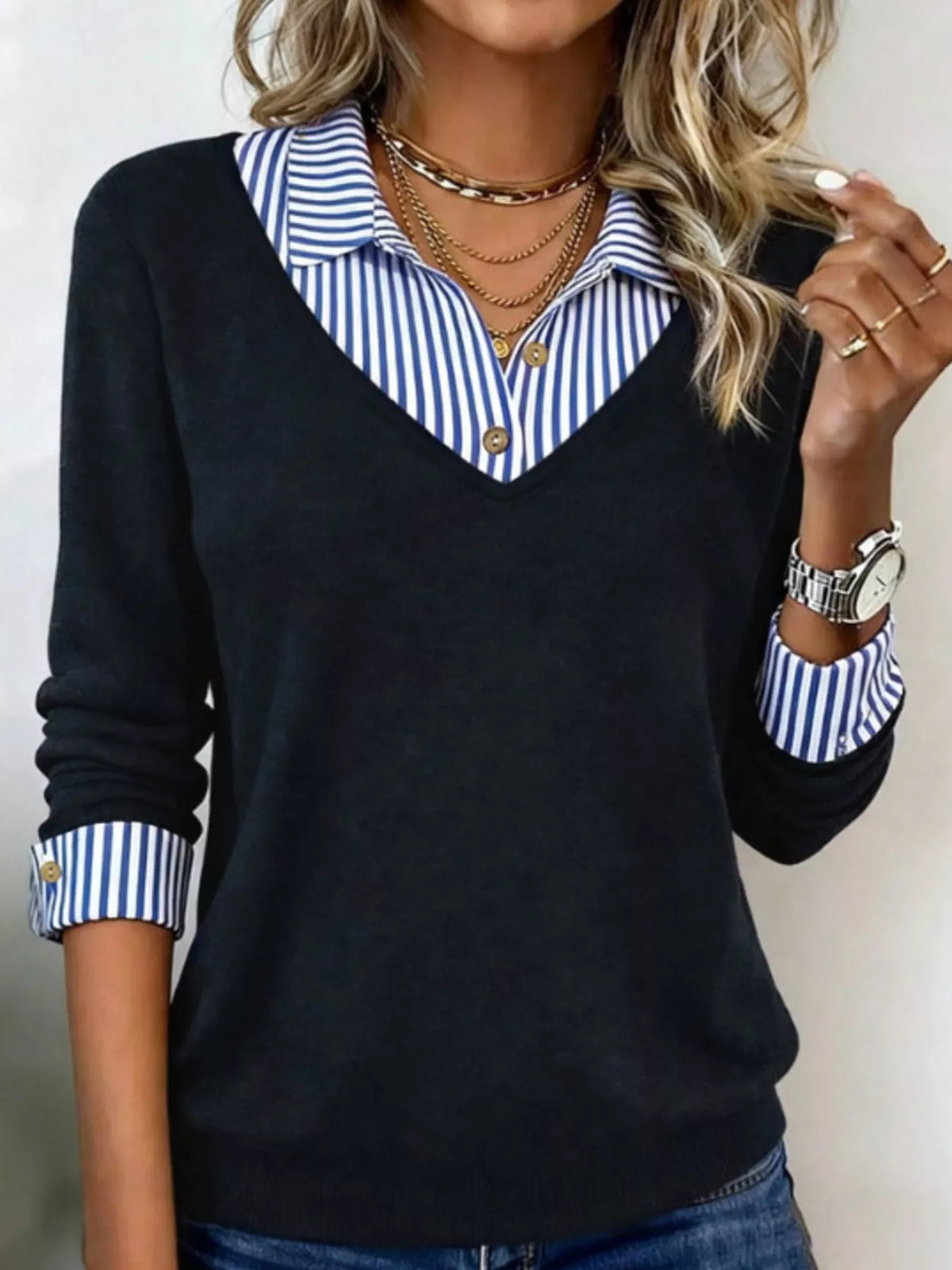 Layered striped-collar top – black