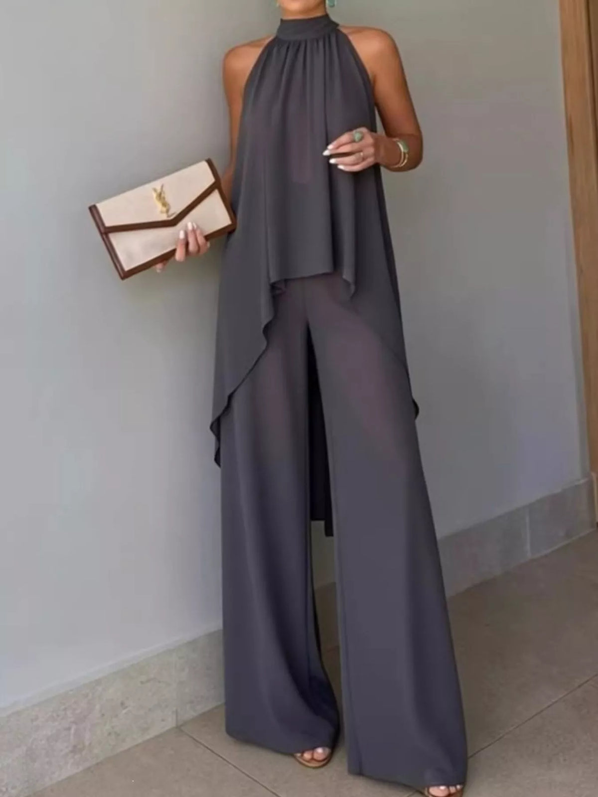 High-low sleeveless top and wide-leg pants two-piece set, Dark Gray