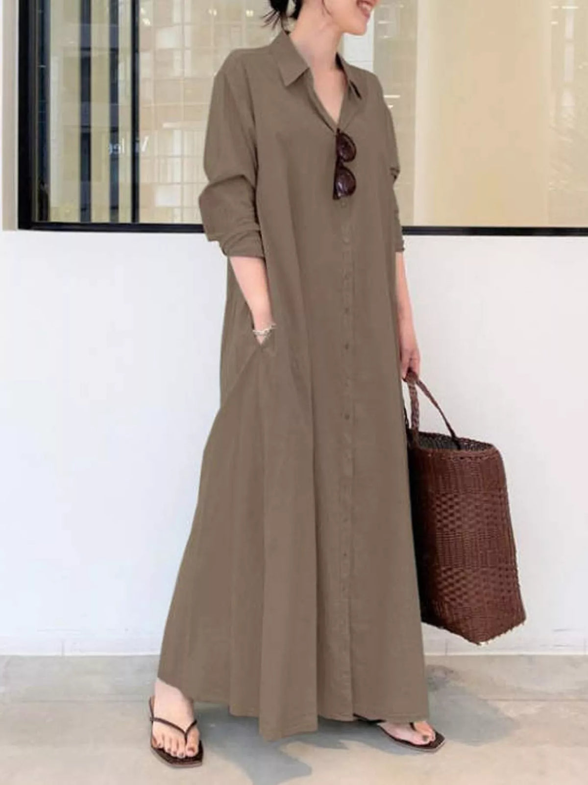 Button front long sleeve maxi shirt dress, Coffee