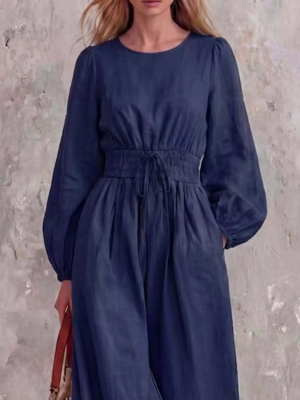 Smocked-waist long-sleeve jumpsuit