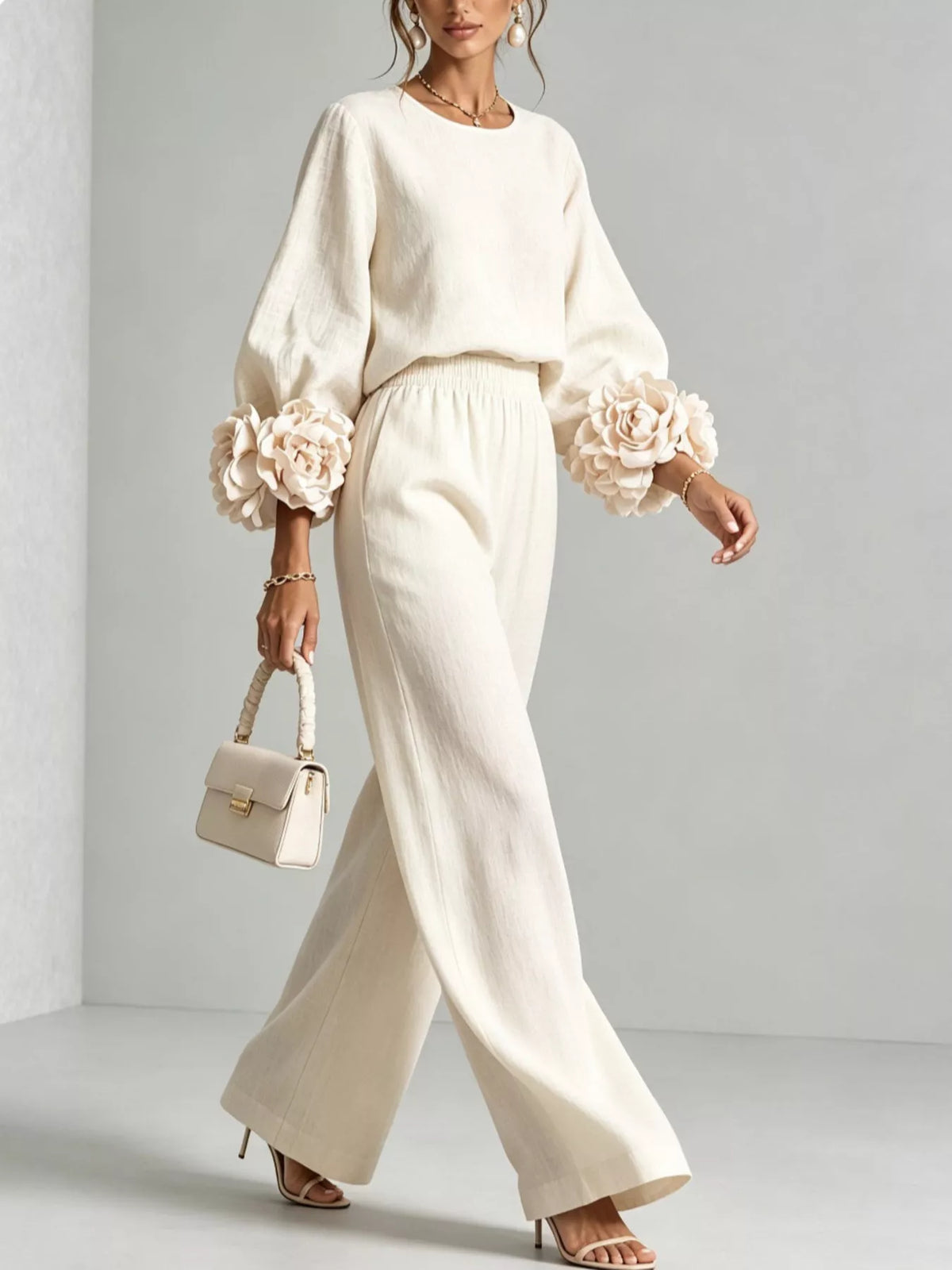 Floral-cuff top and pants set