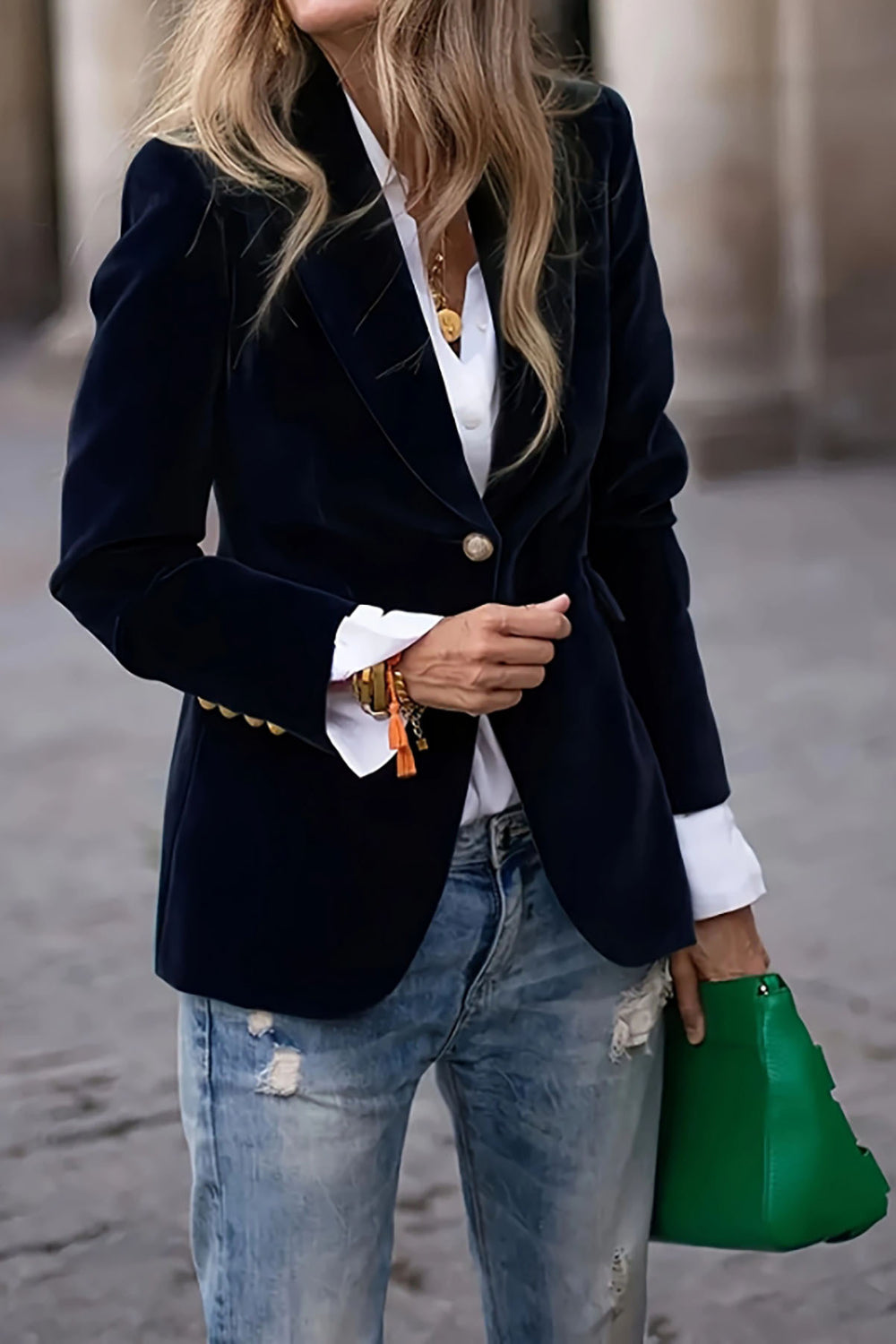 One button lapel collar long sleeve blazer, Black