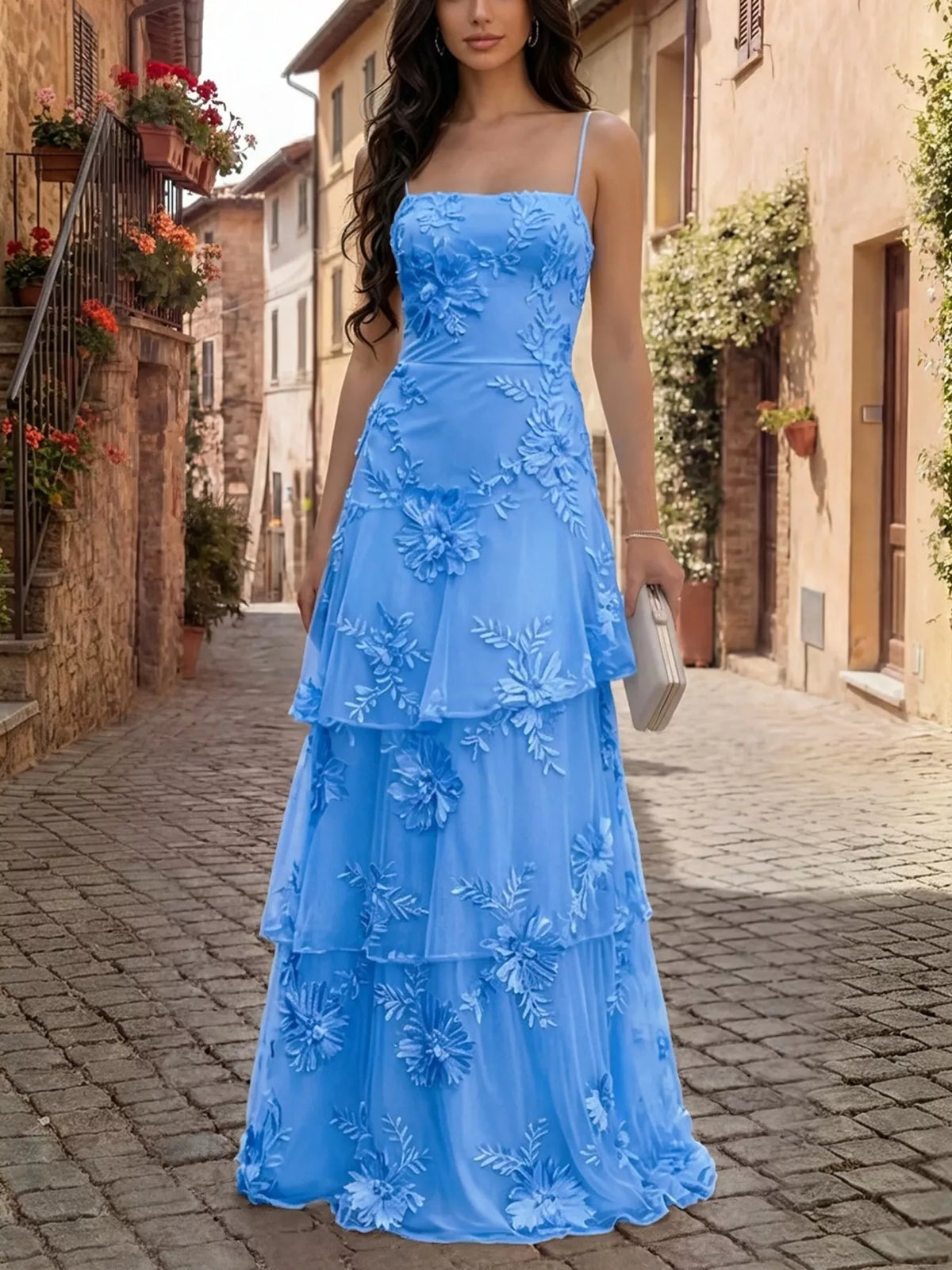 Floral appliqué tiered maxi dress – blue