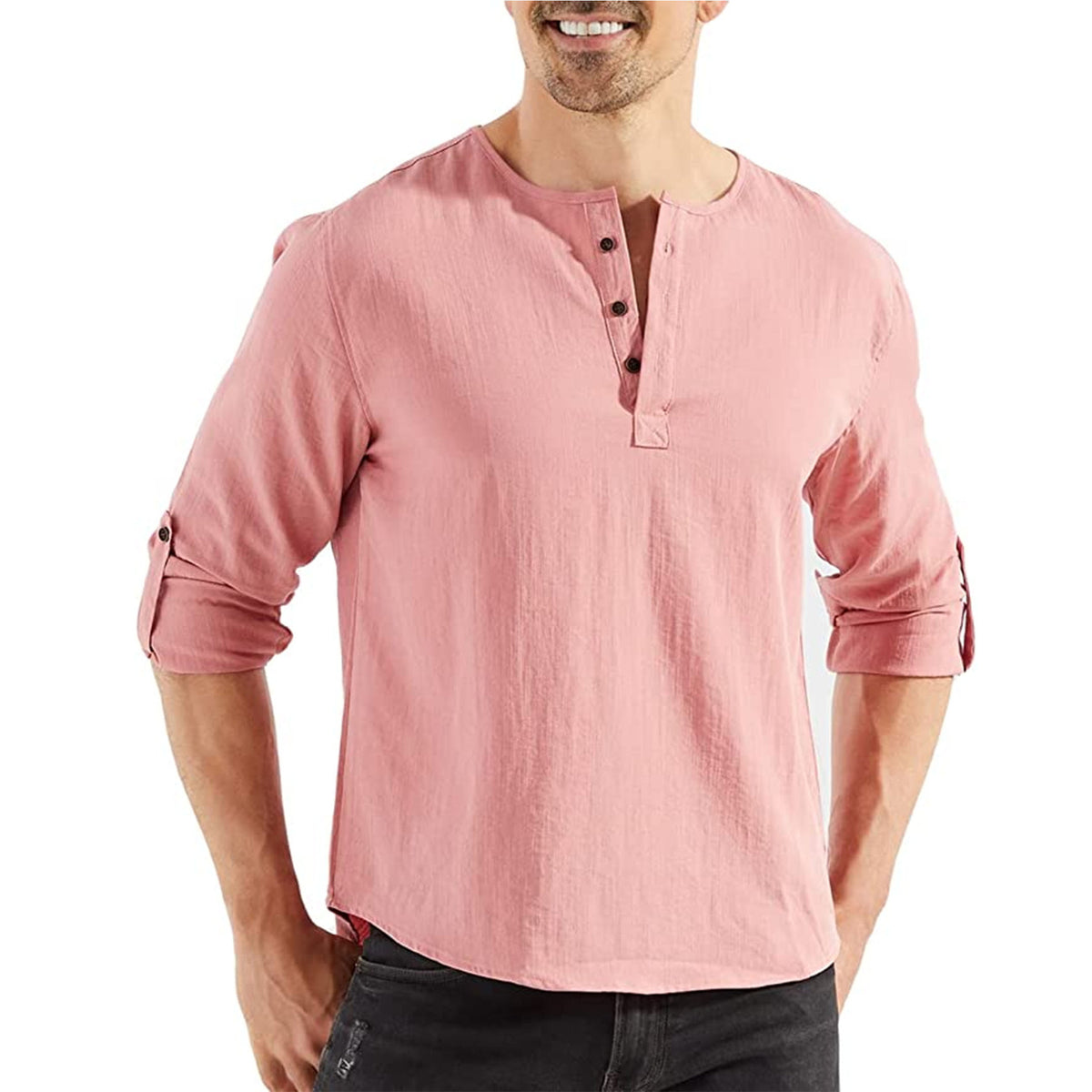 Cotton henley shirt, Pink, front
