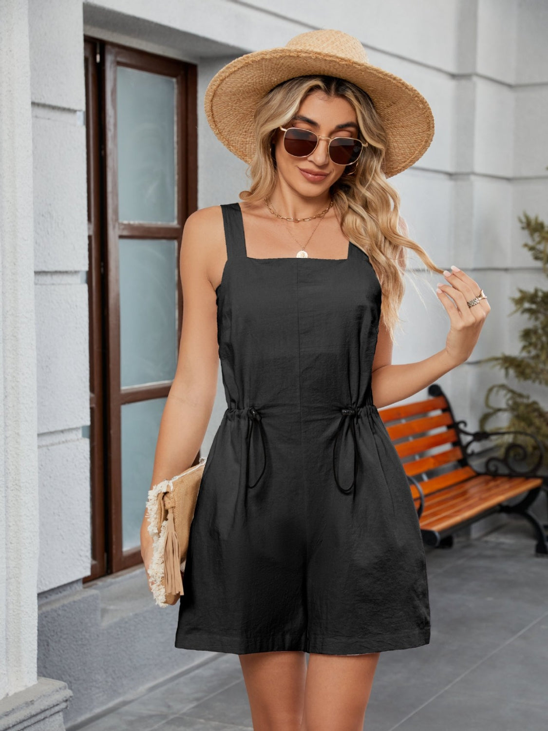 Drawstring wide strap romper with pockets