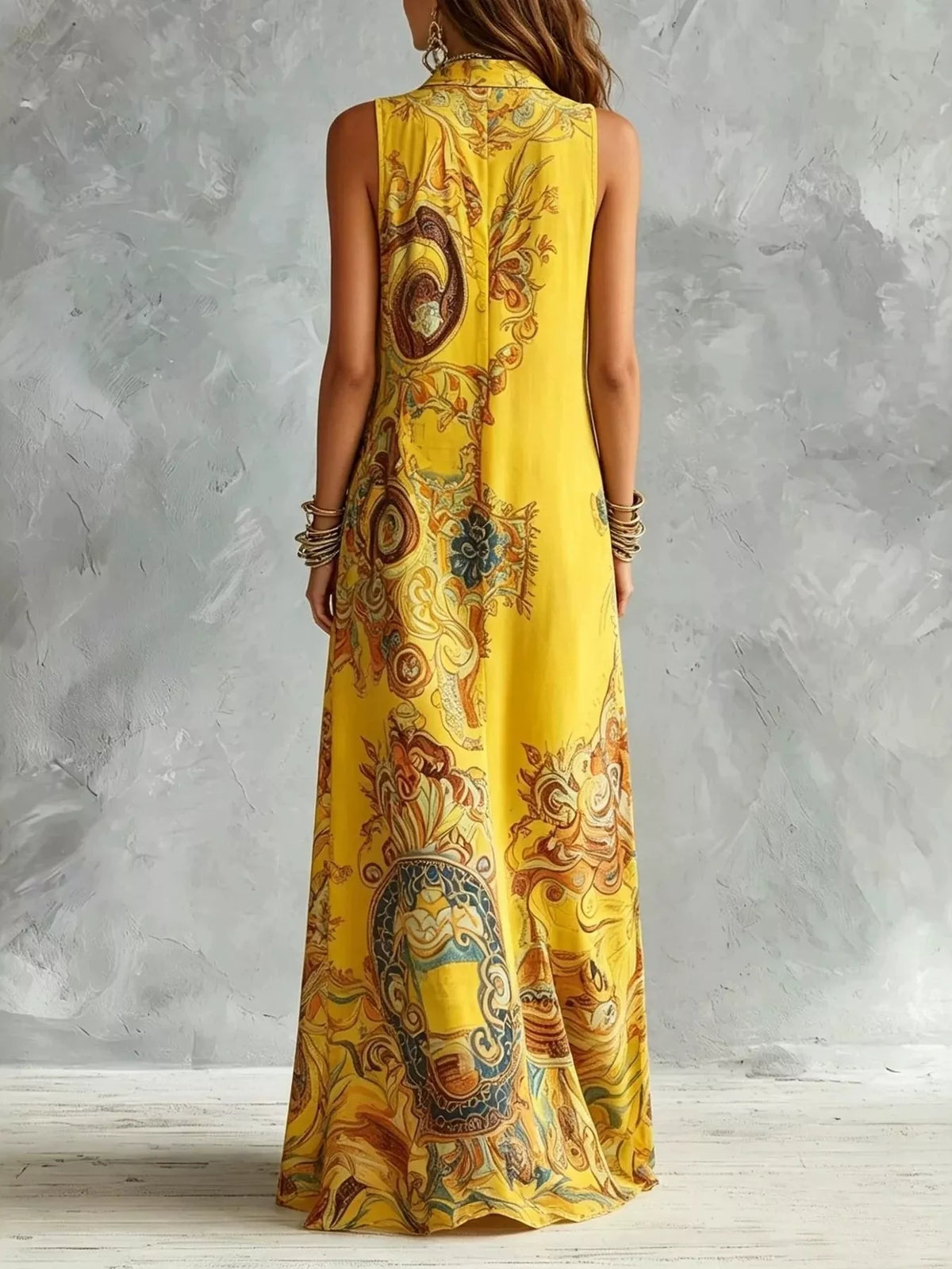 Bohemian sleeveless printed maxi shirt dress