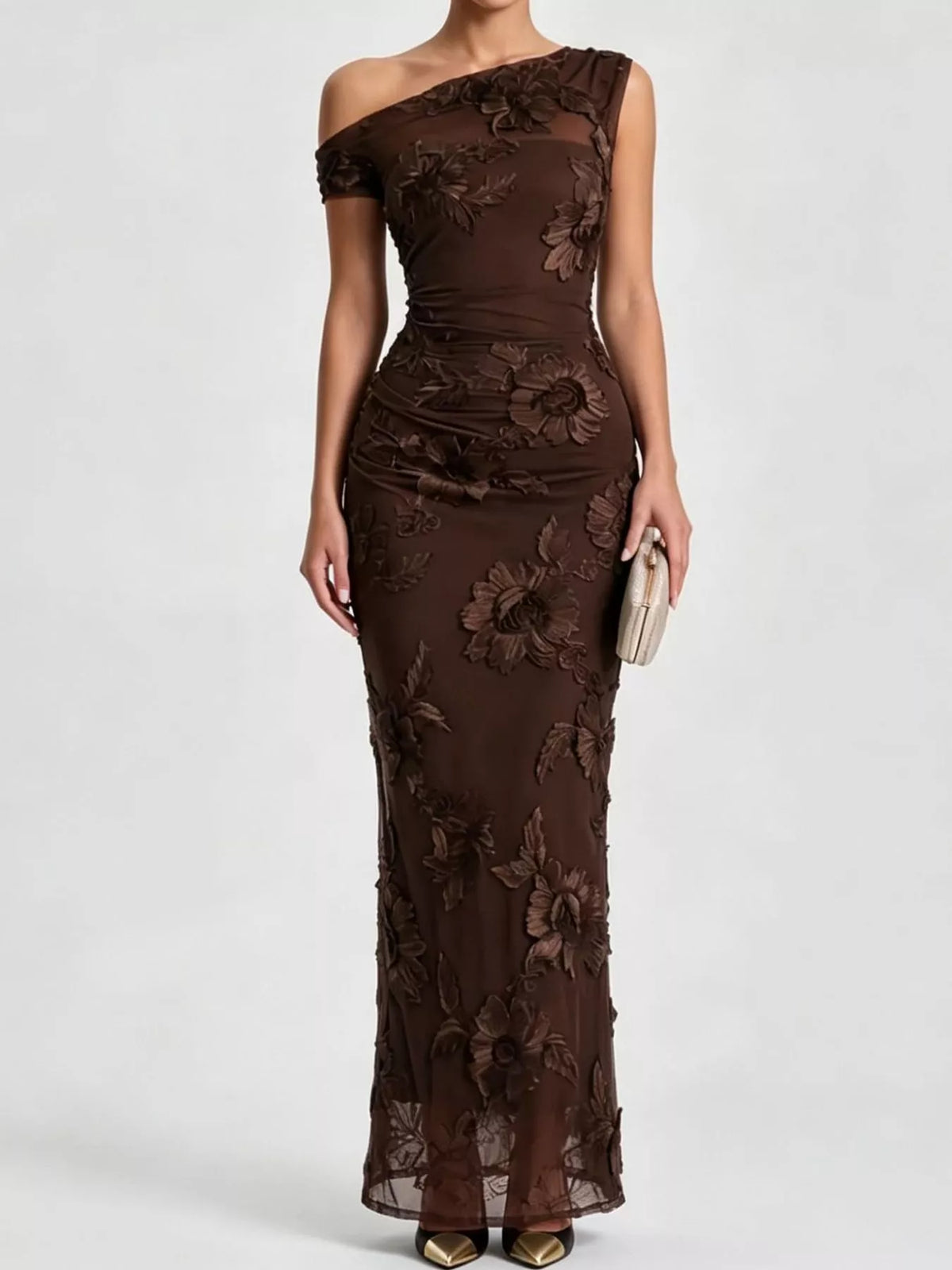One-shoulder floral embroidered maxi dress, Dark Coffee