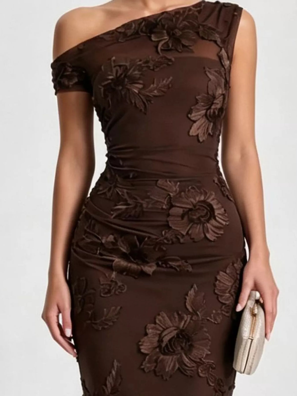 One-shoulder floral embroidered maxi dress