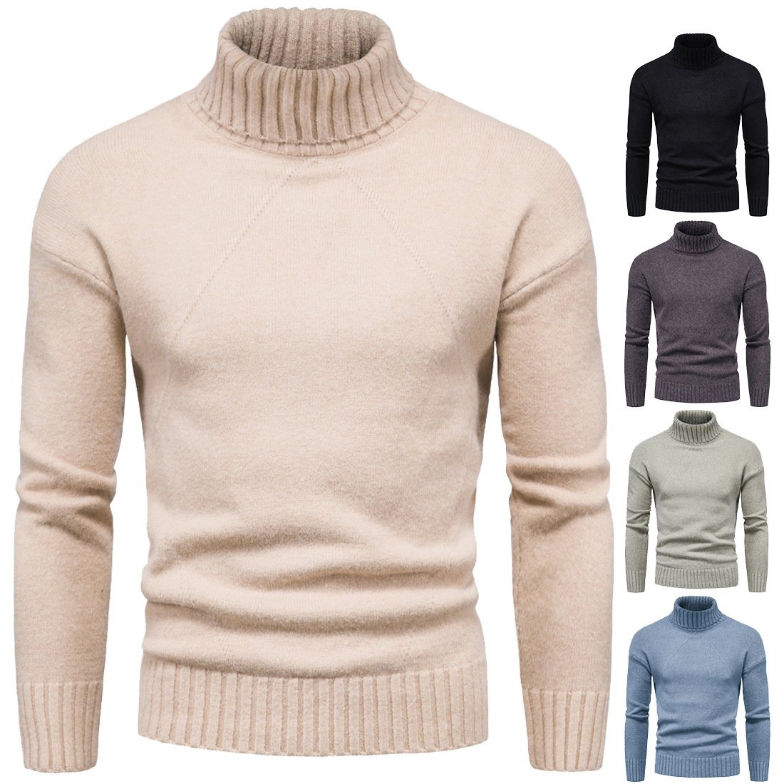 Rib trim turtleneck sweater, Oatmeal, front