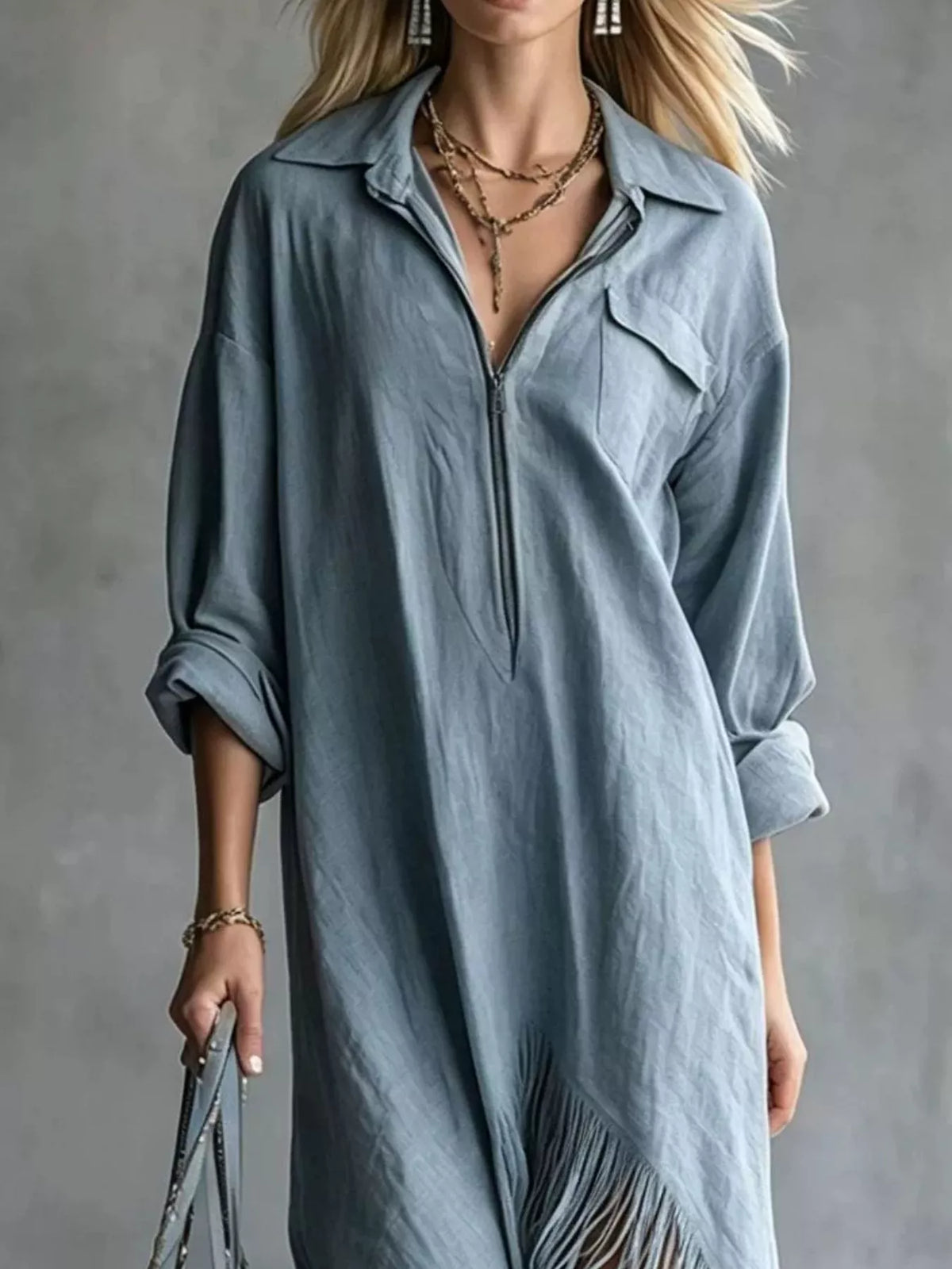 Fringe-hem zip shirt dress