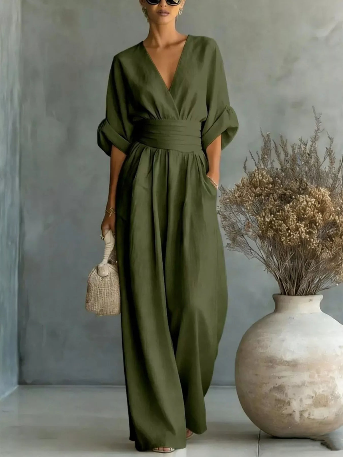 Half-sleeve wide-leg jumpsuit – dark green