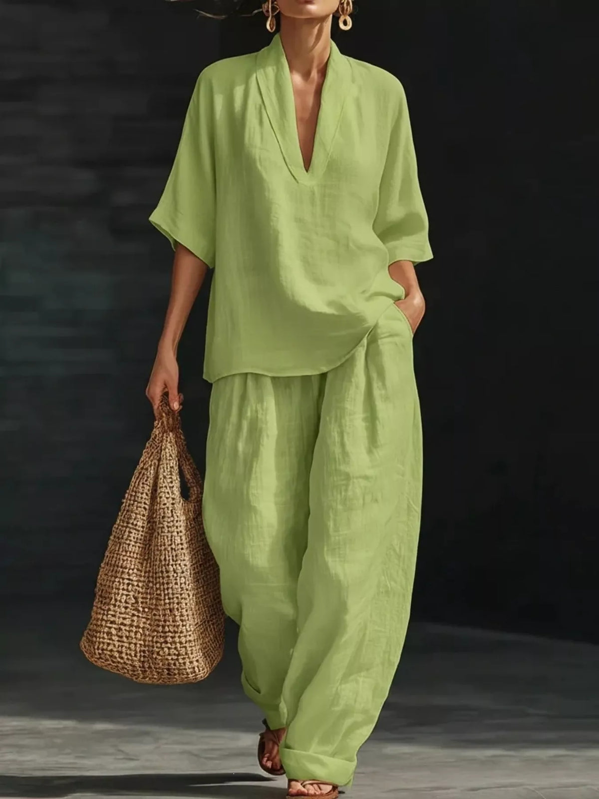 Half-sleeve wide-leg pants set