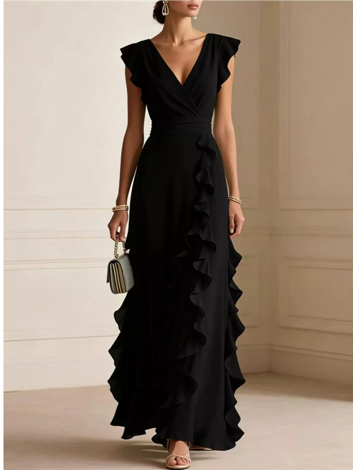 Ruffled surplice sleeveless maxi dress, Black