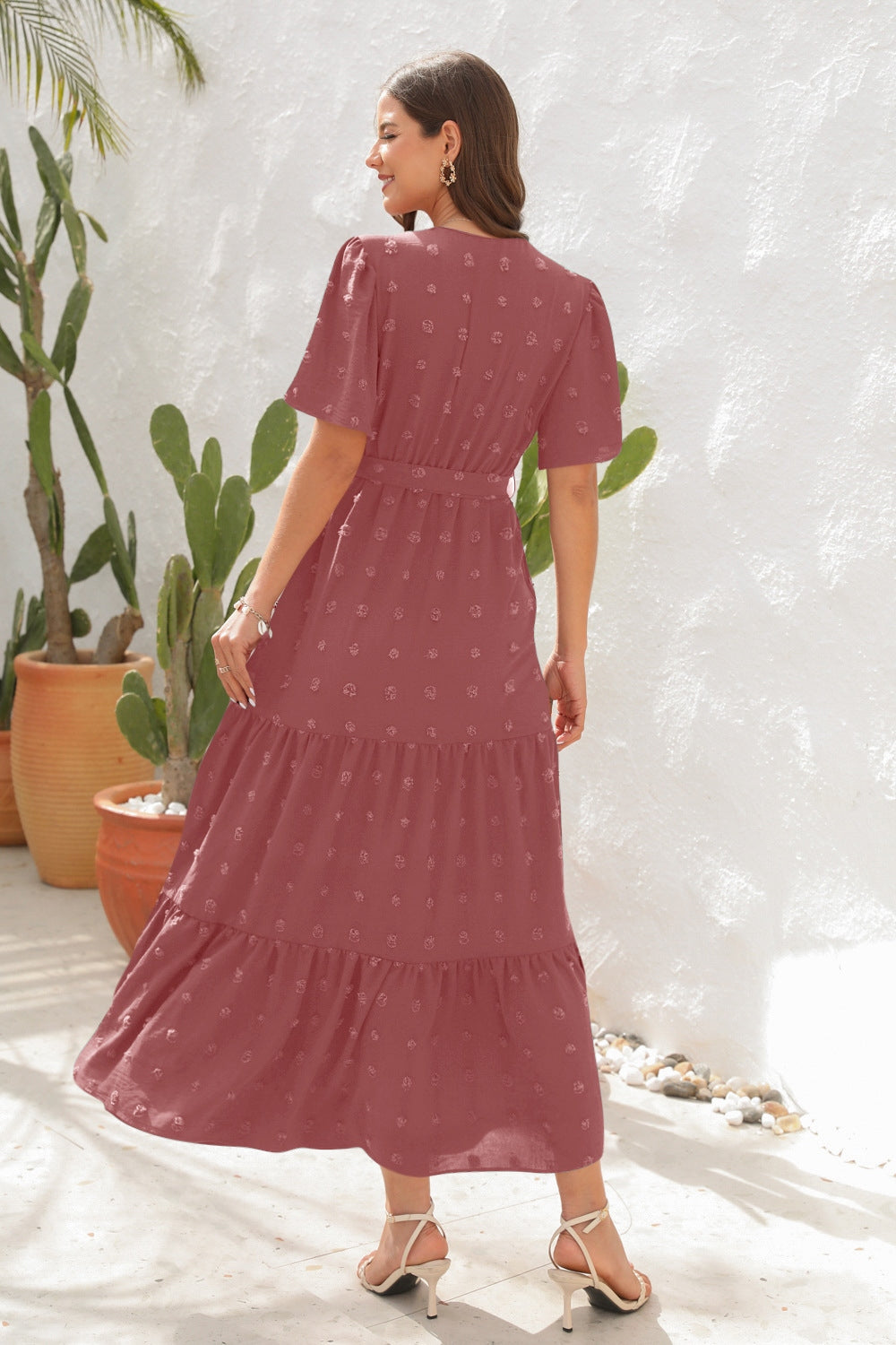 Swiss dot tied surplice short sleeve dress