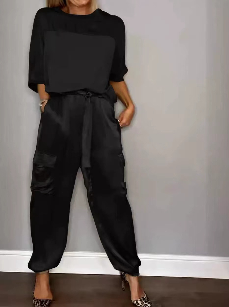 Satin shirt and trouser set – black