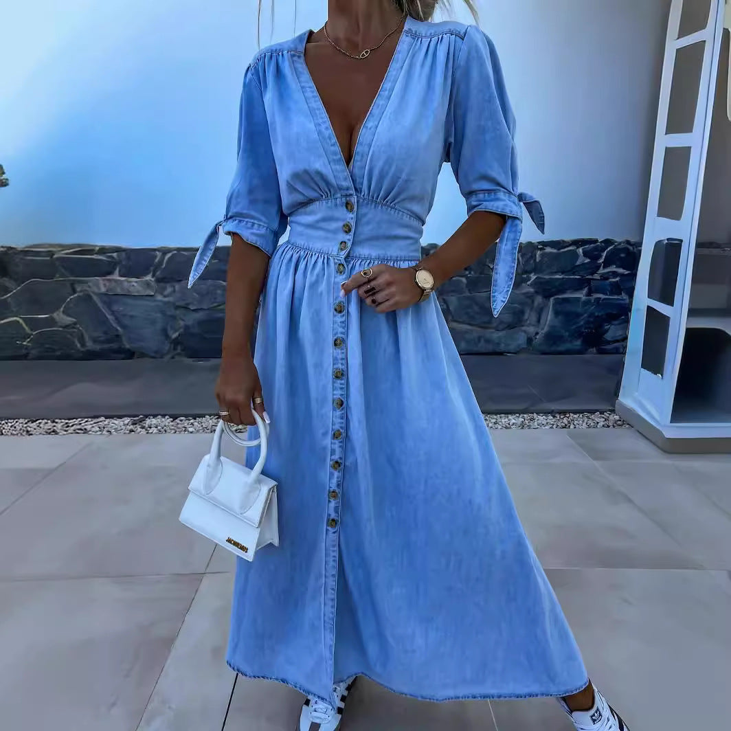 Button-front V-neck midi dress – light blue