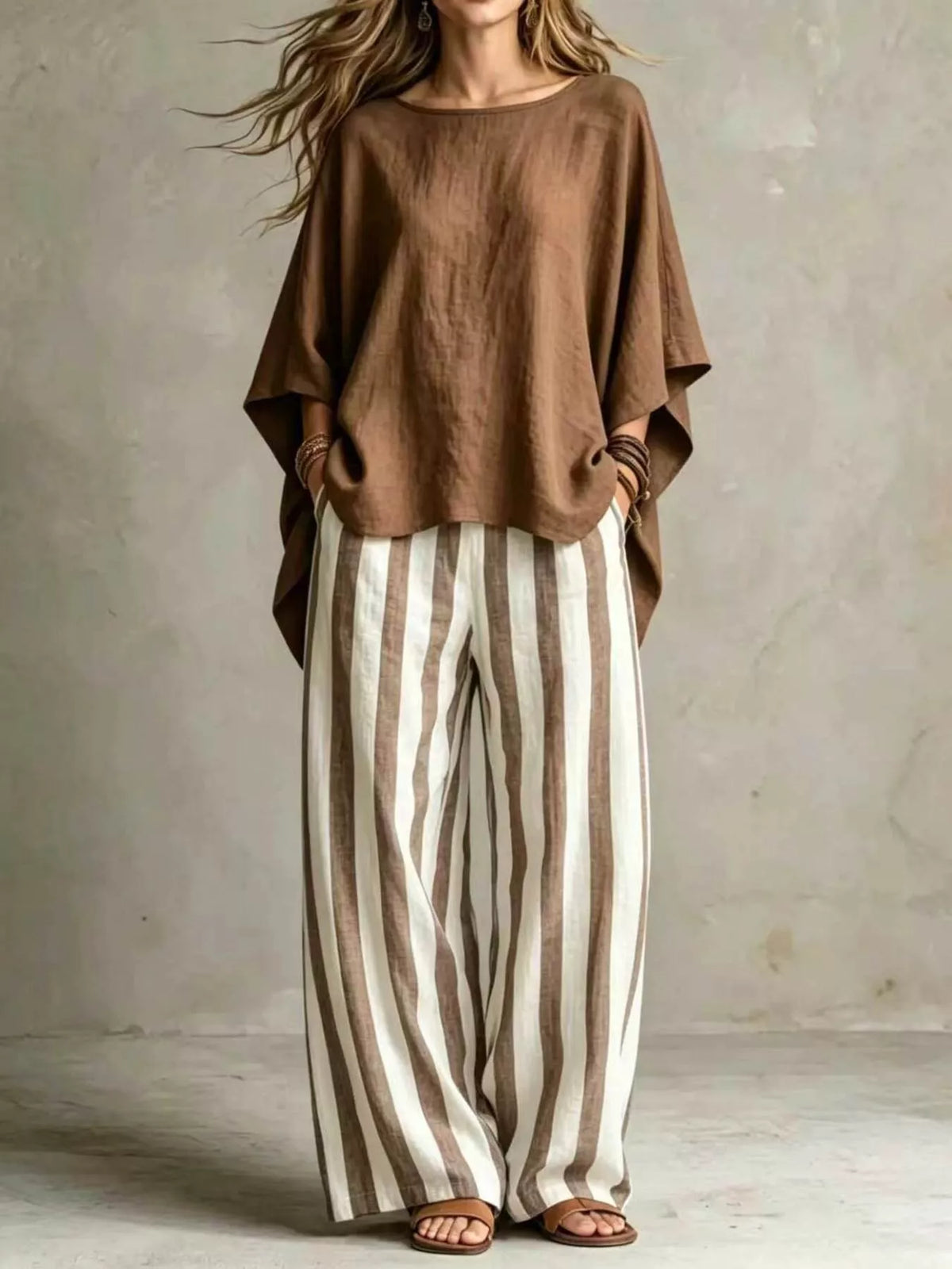 Relaxed top and pants set – brown