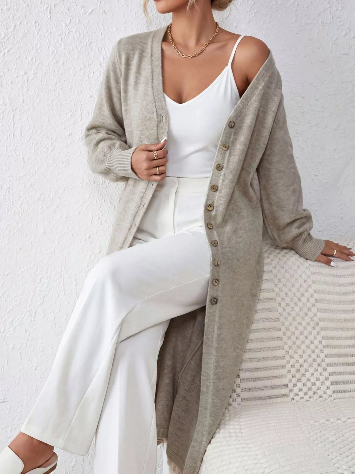 Elegant longline button-front cardigan with lantern sleeves