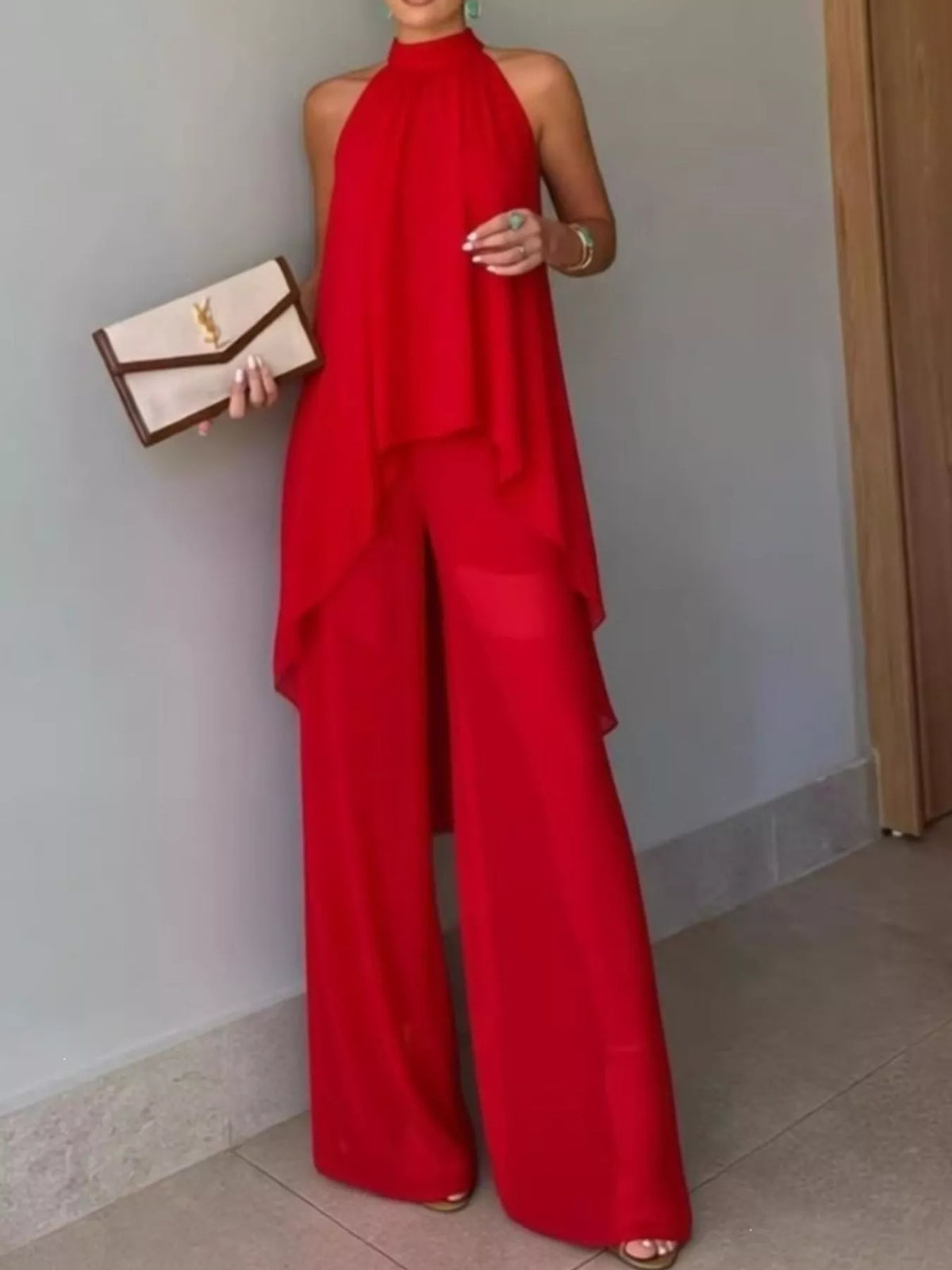High-low sleeveless top and wide-leg pants two-piece set