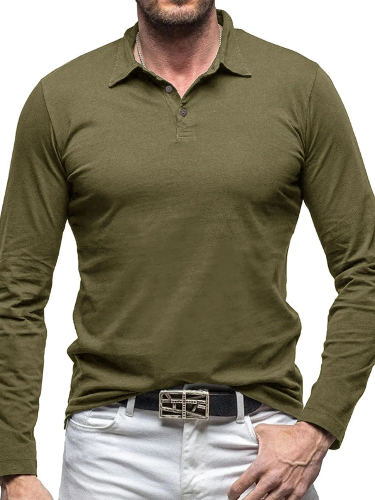 Collared neck long sleeve polo, Moss