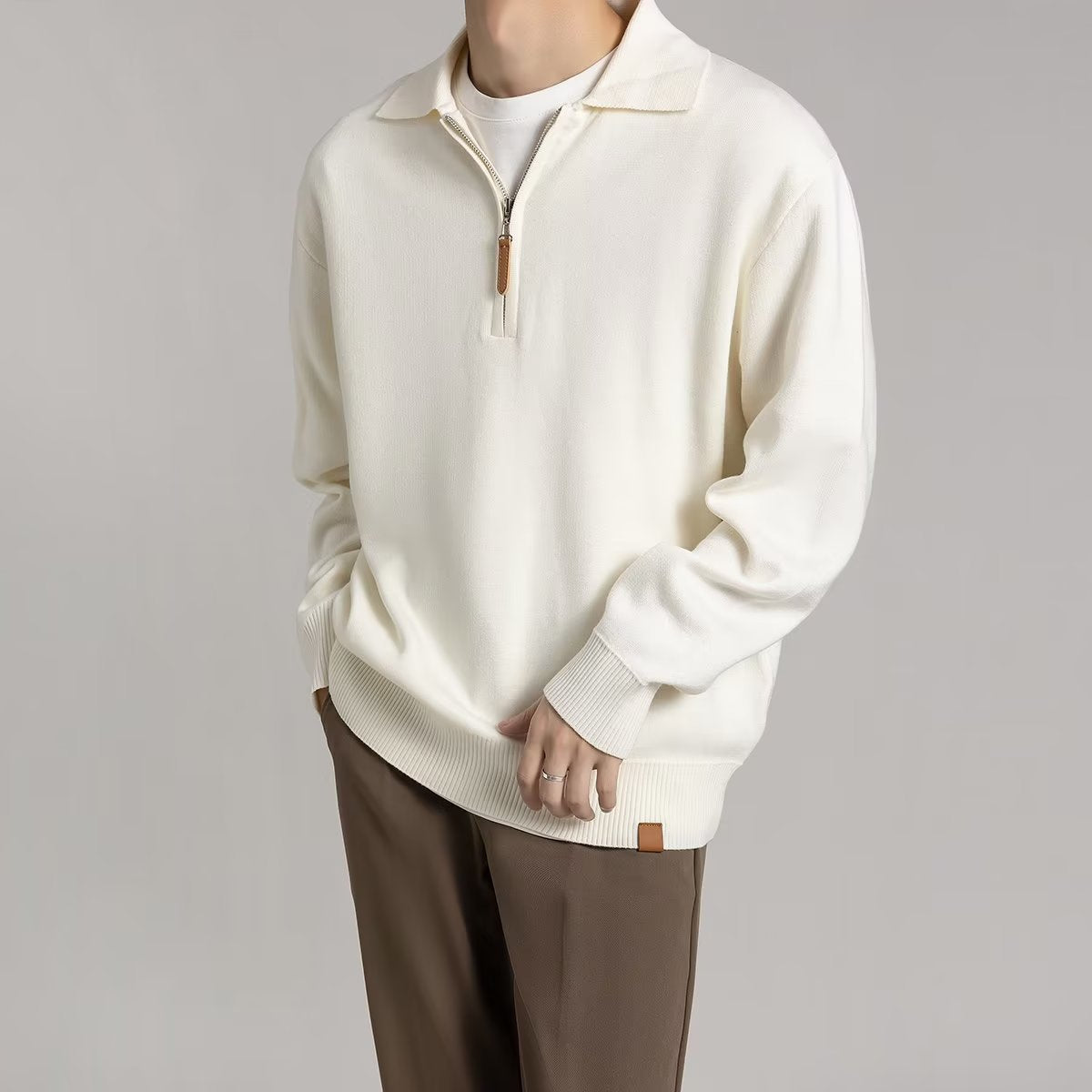 Collared half zip sweater, Cream, front