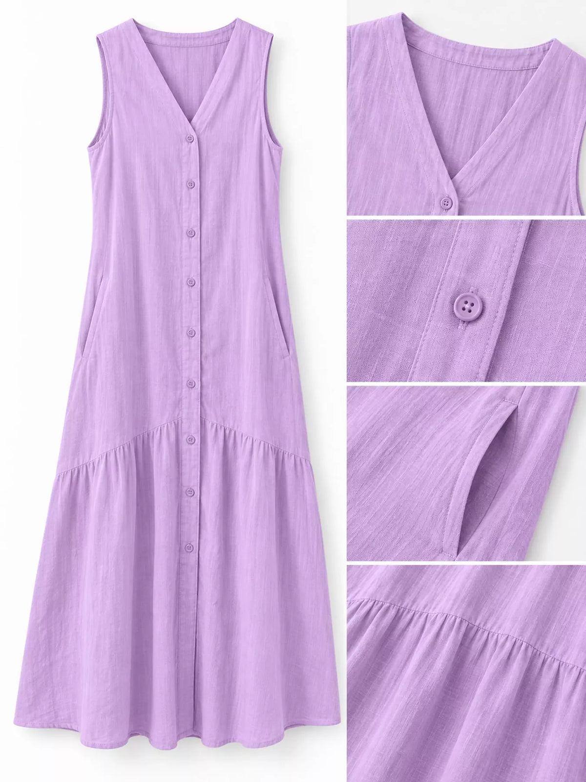 V-neck button front sleeveless midi dress