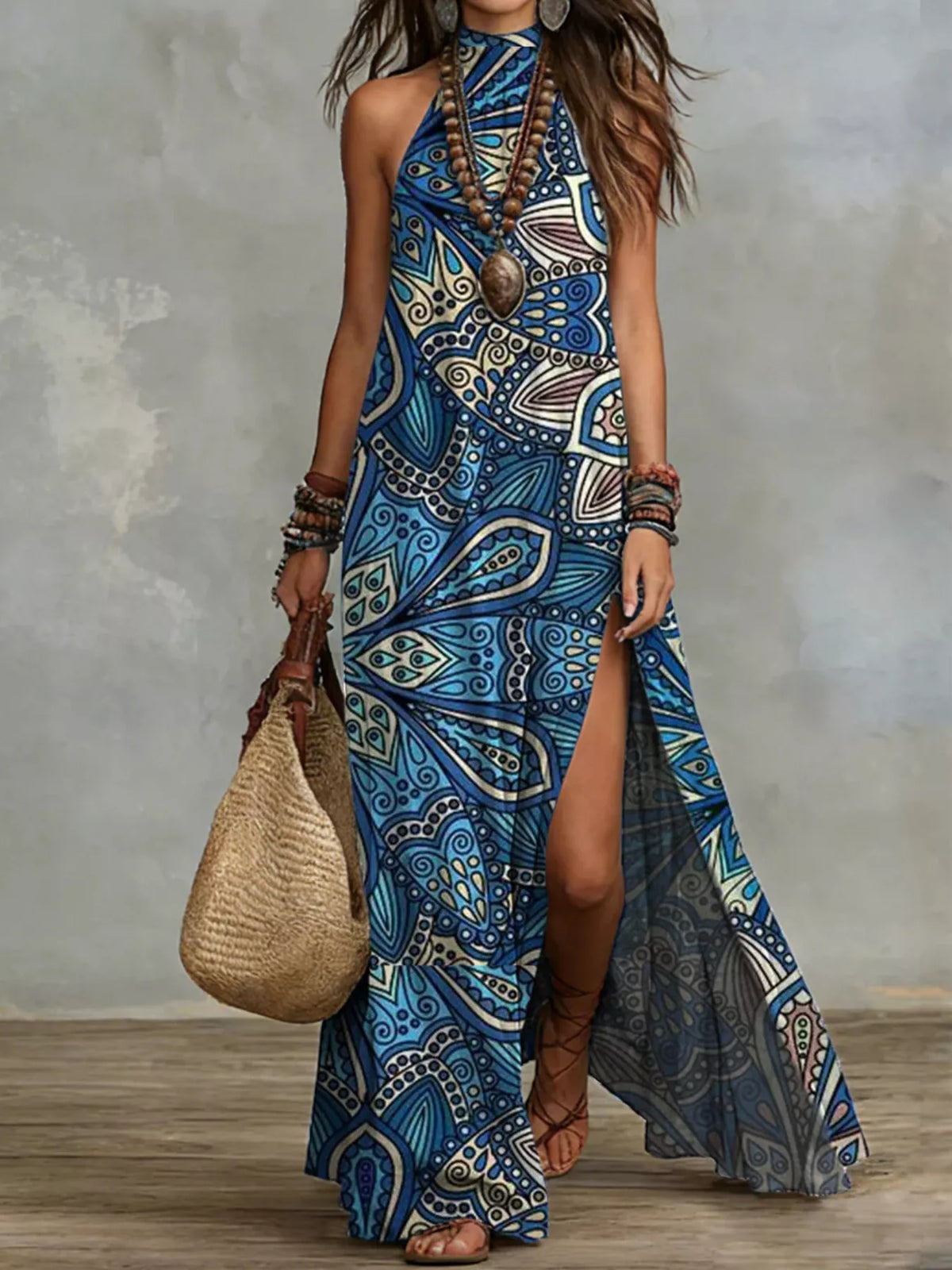 Printed sleeveless maxi dress – blue