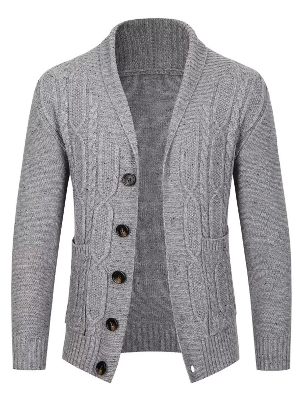 Speckled cable knit shawl collar cardigan, Gray