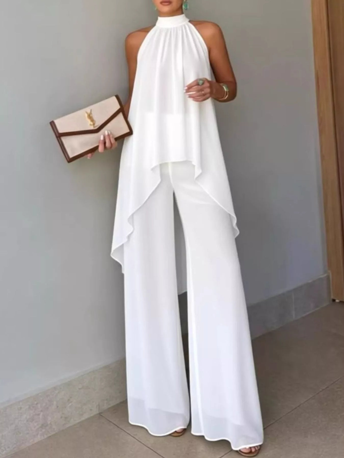 High-low sleeveless top and wide-leg pants two-piece set, White
