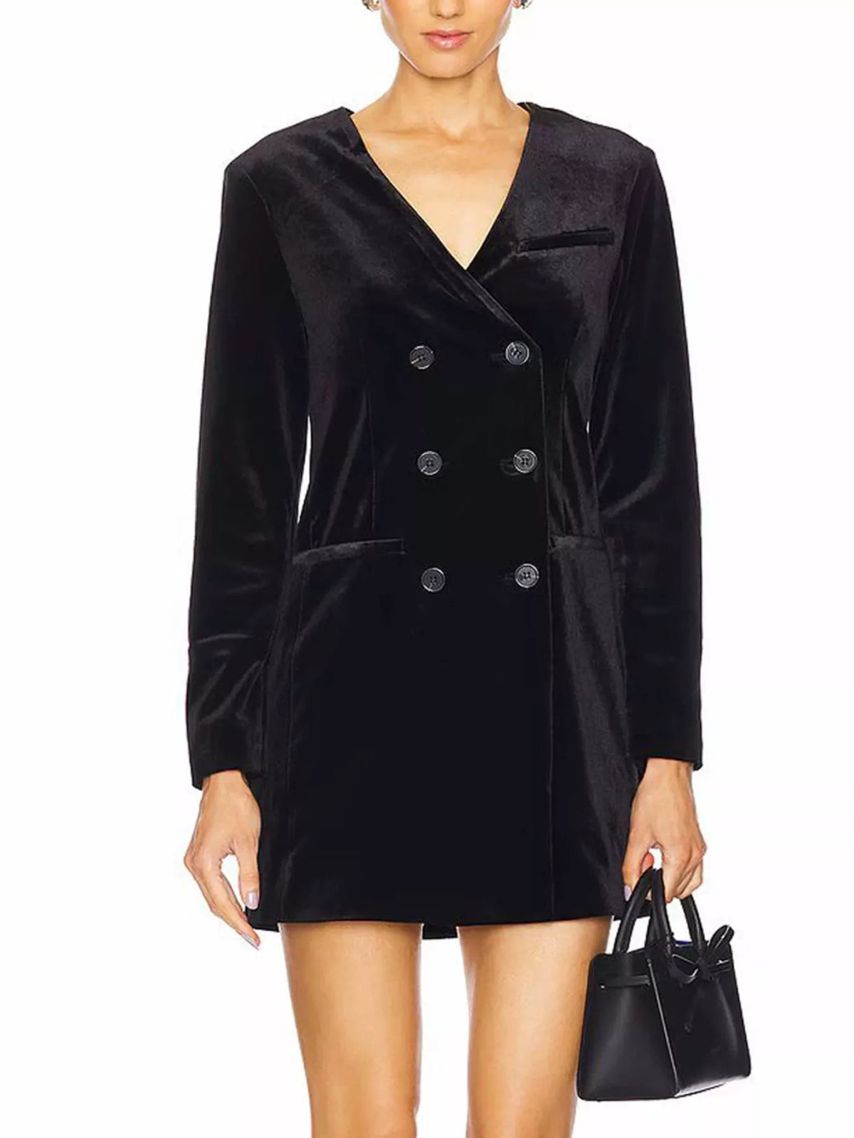Velvet double-breasted blazer dress, Black