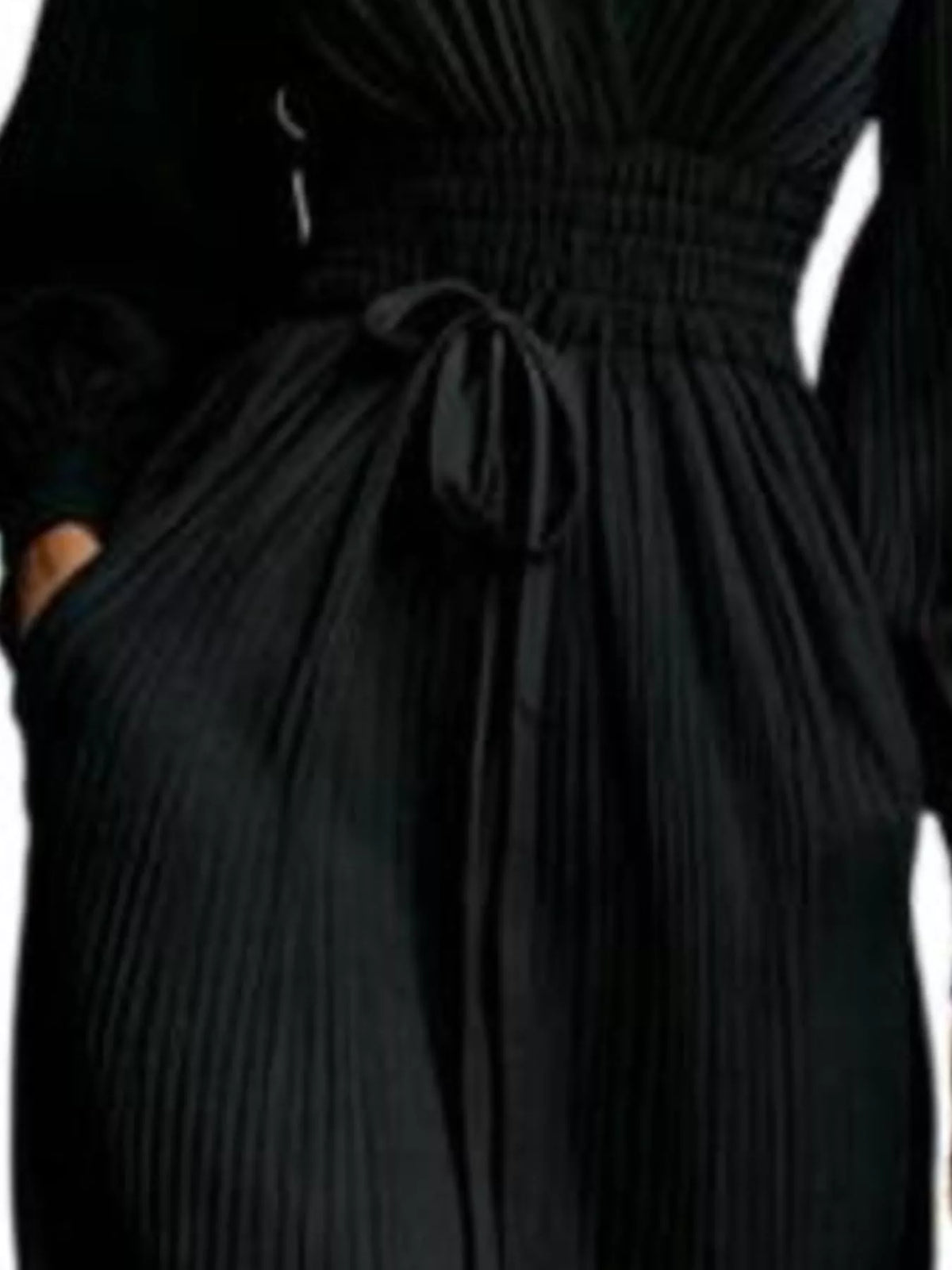 Elegant pleated V-neck maxi dress with lantern sleeves and tie-waist, Black