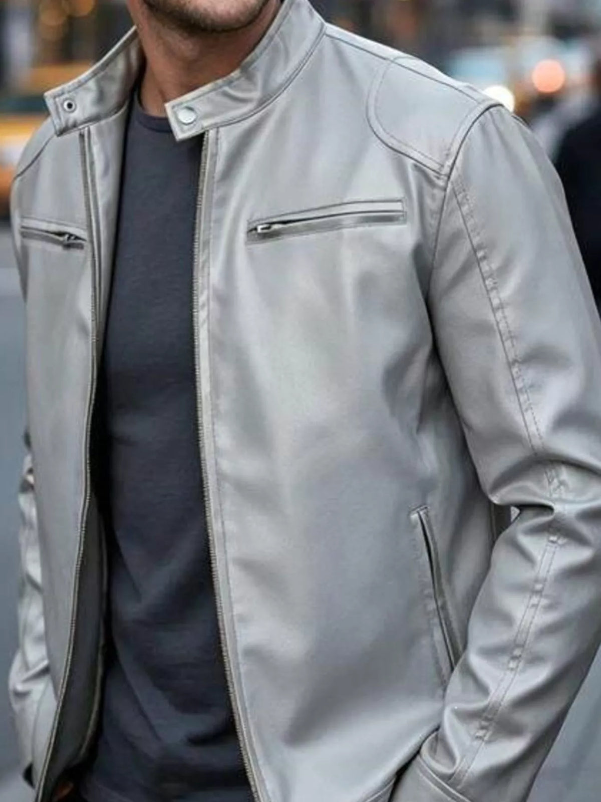 Faux leather bomber jacket with zipper pockets, Light Gray