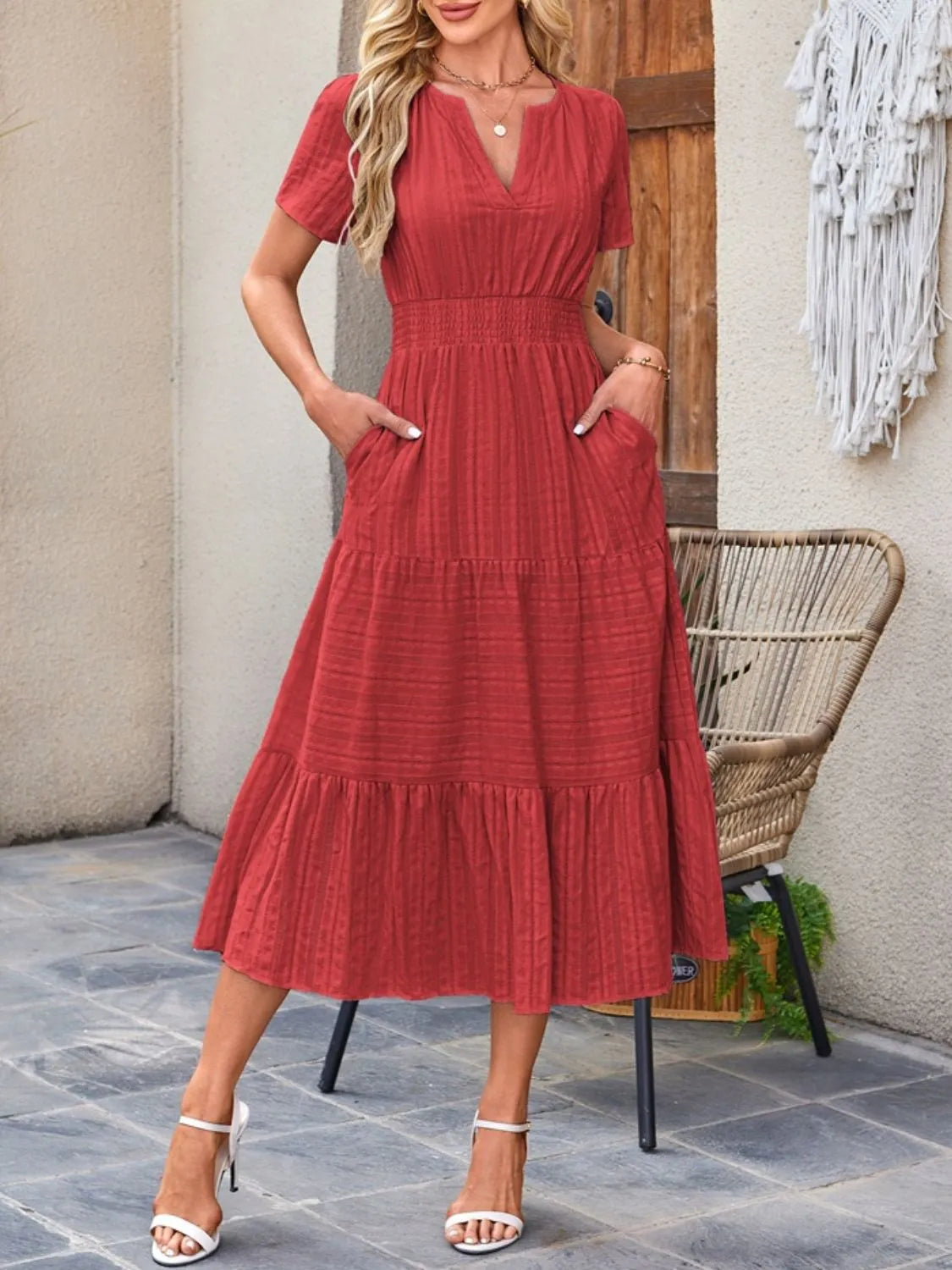 Tiered notched short sleeve dress, Deep Red