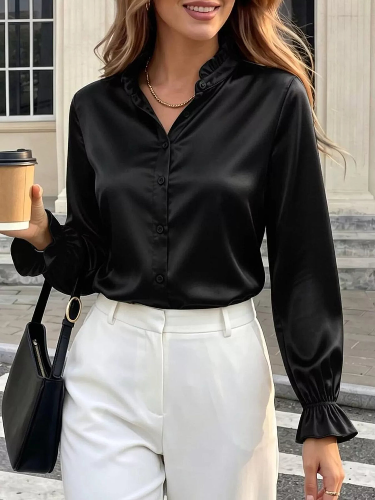 Ruffle-trim satin shirt – black