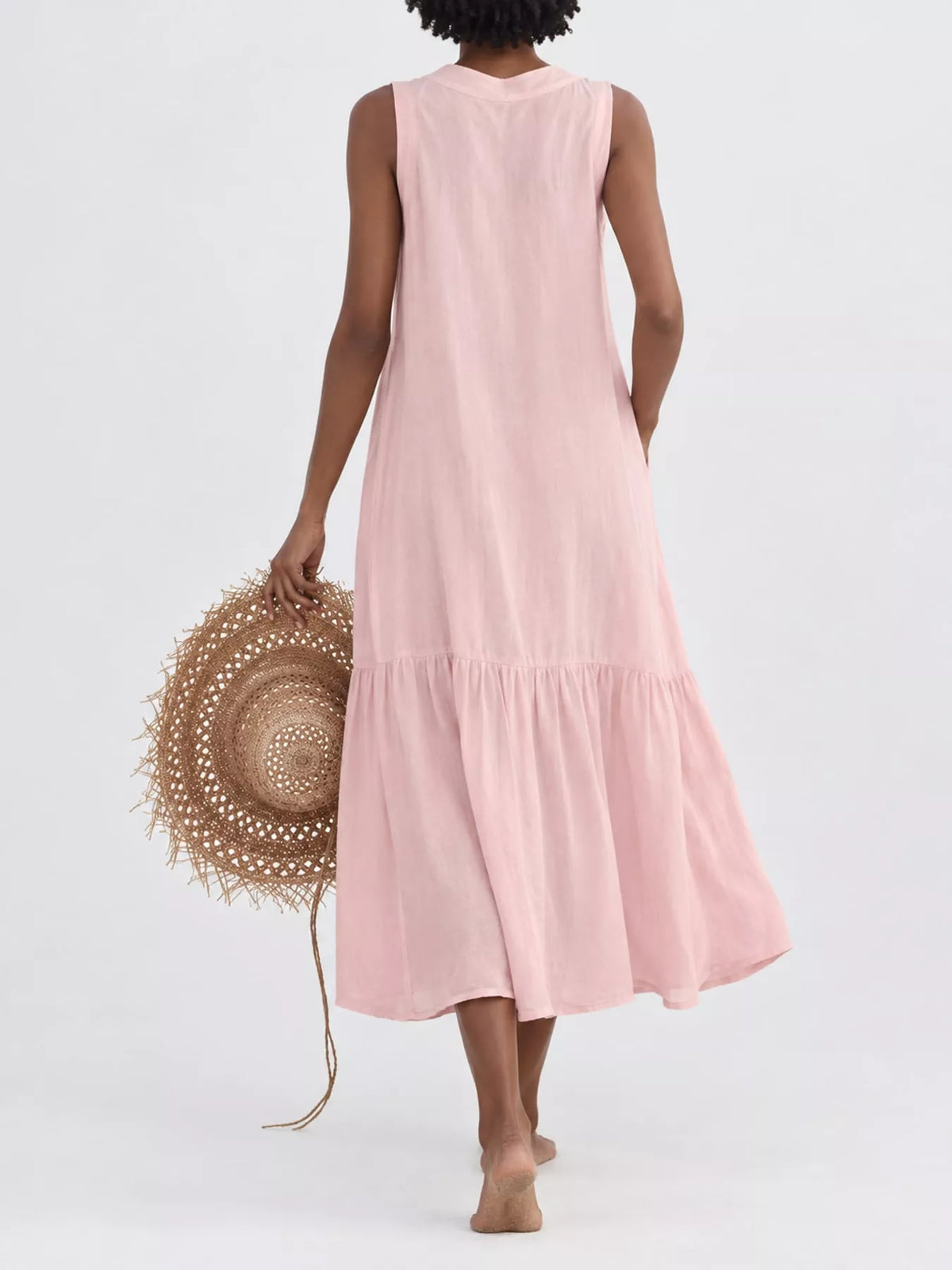 V-neck button front sleeveless midi dress