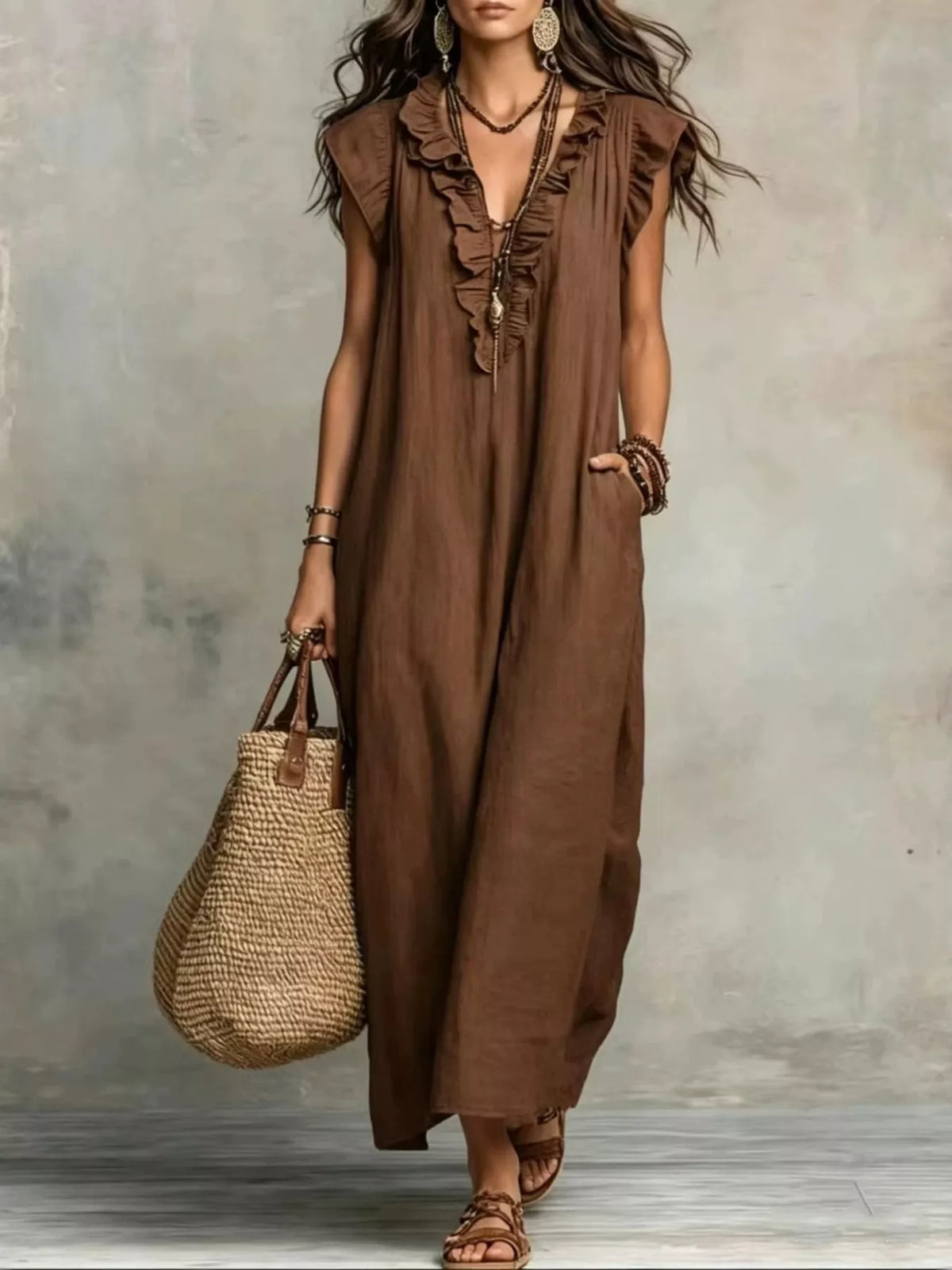 Ruffled cap-sleeve maxi dress – brown