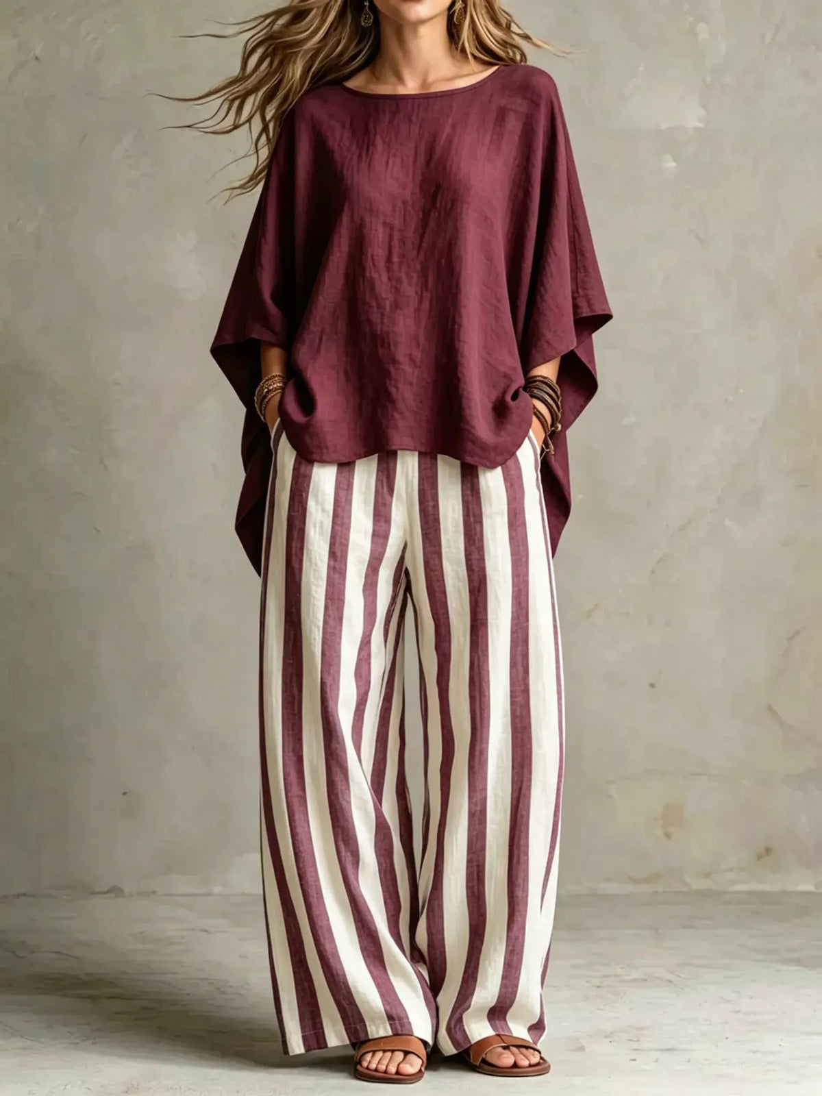 Relaxed top and pants set – burgundy