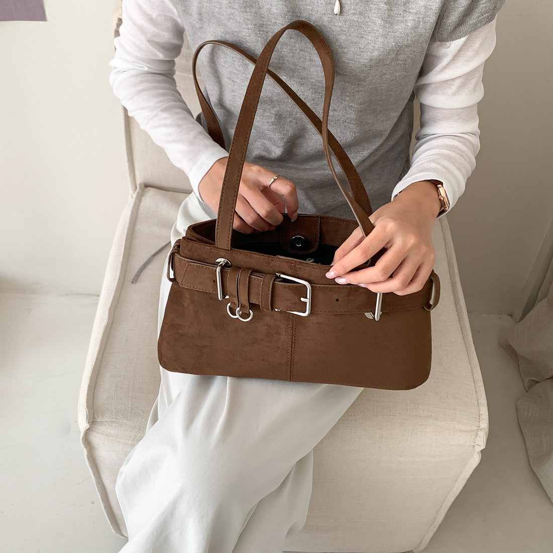 Belted baguette shoulder bag, Coffee, front