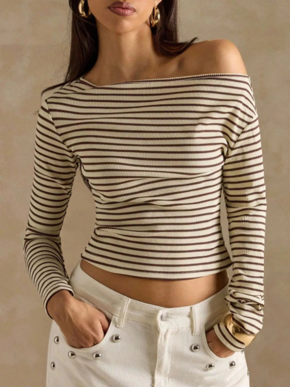 Off-shoulder striped rib top – khaki
