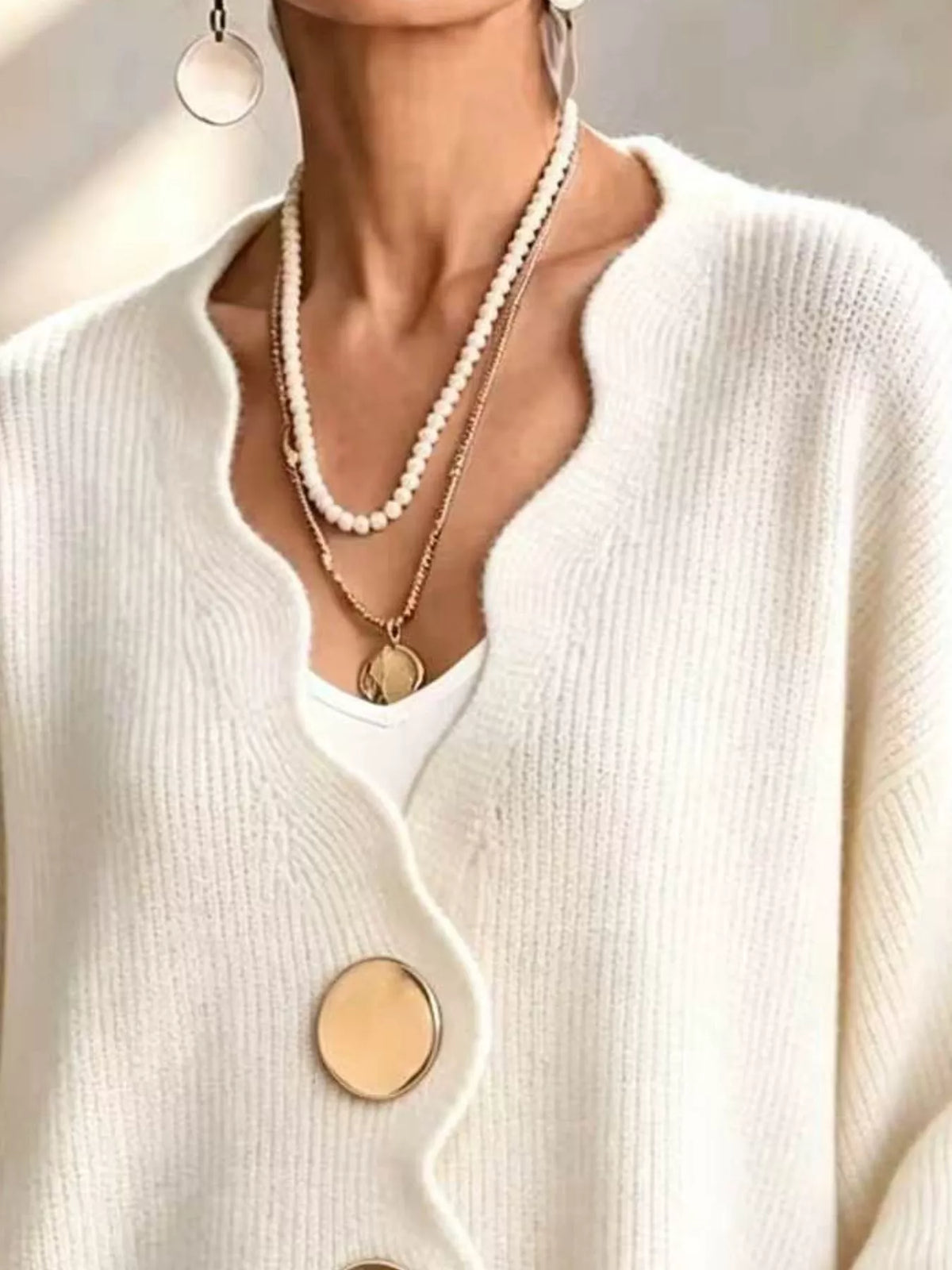 Scalloped-edge oversized button-down cardigan