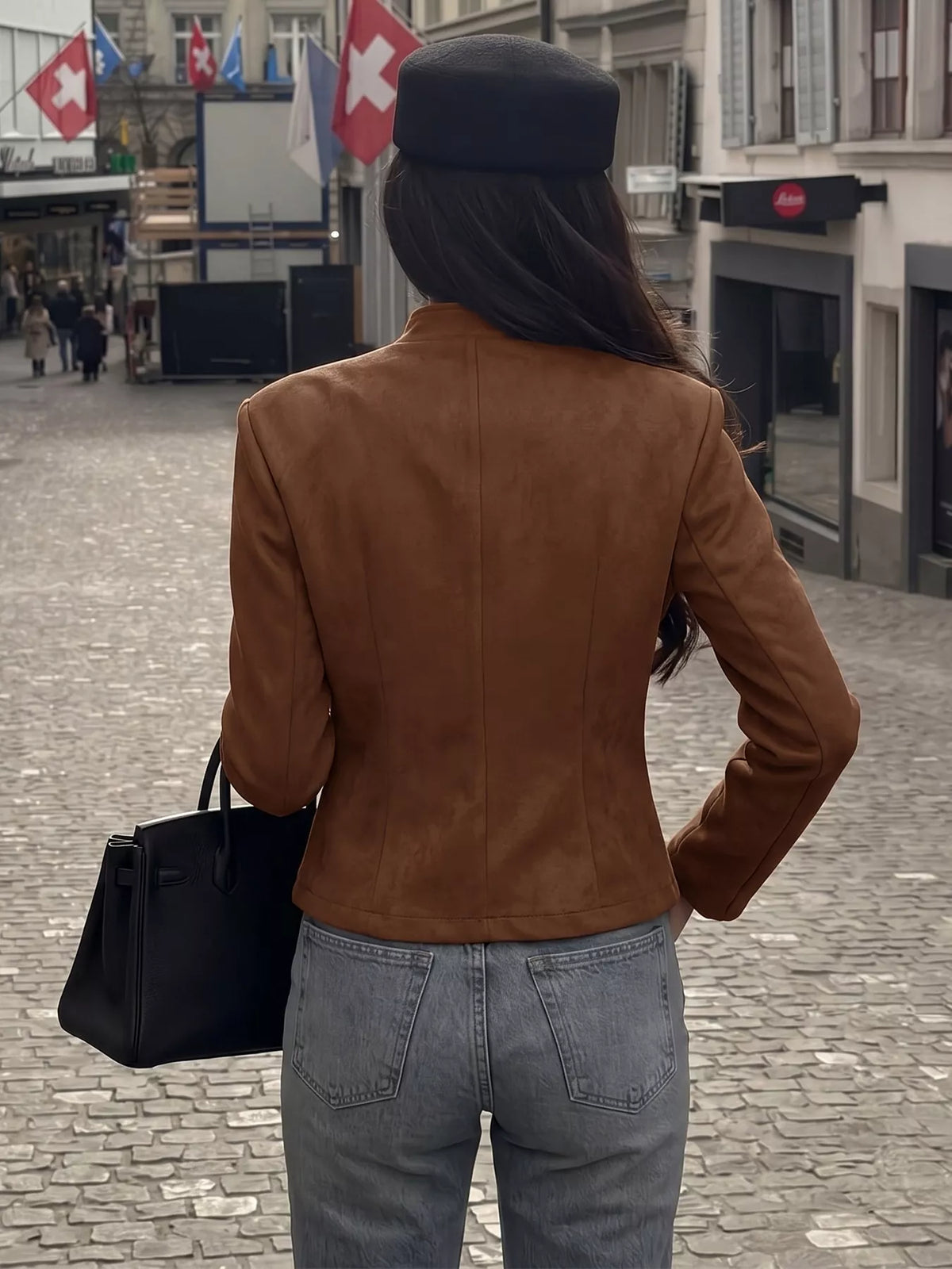 Vintage stand collar cropped jacket