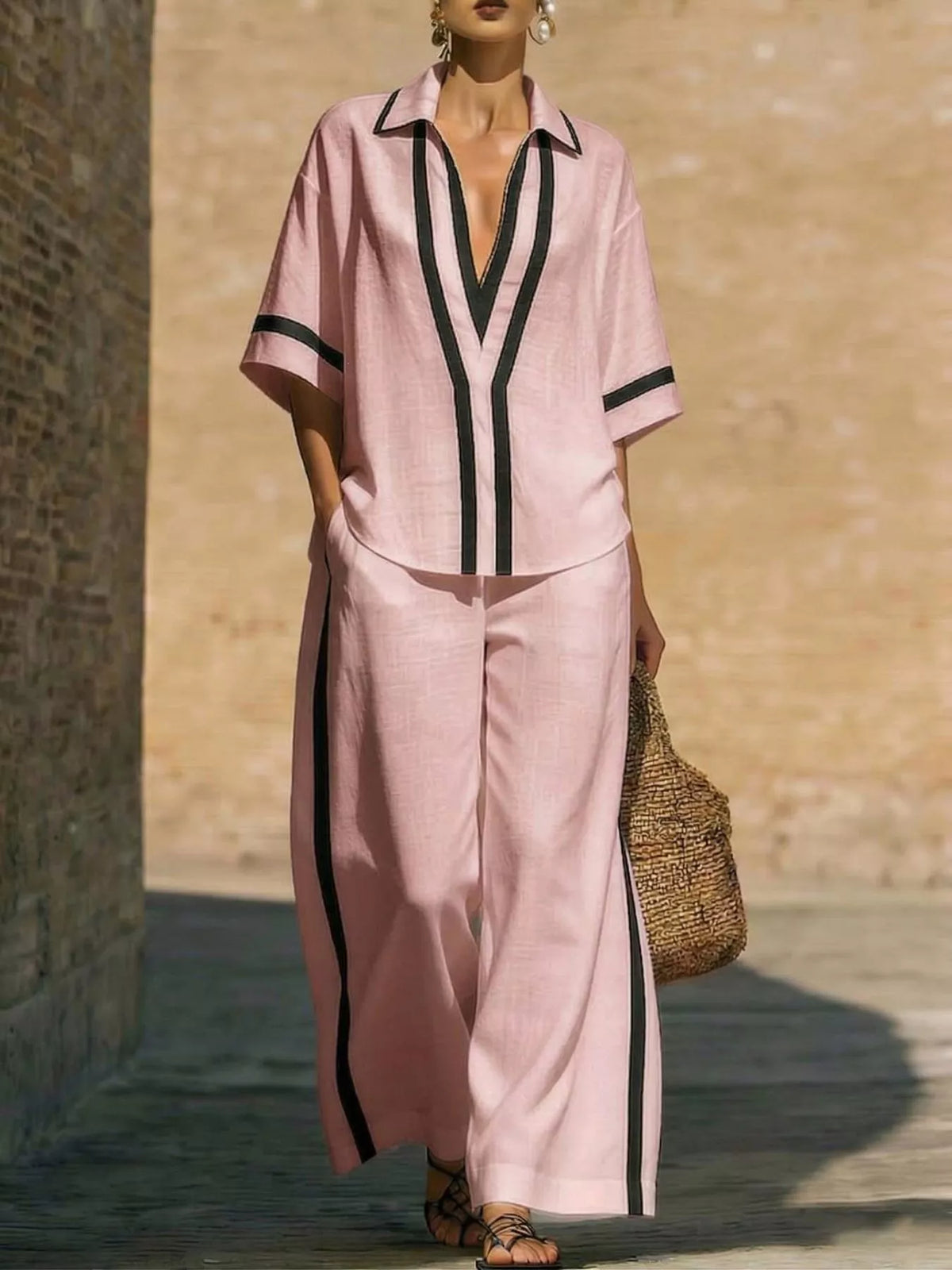 Contrast-trim top and pants set – pink