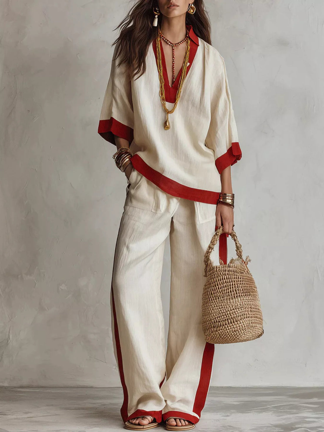 Contrast trim top and wide leg pants set, Beige