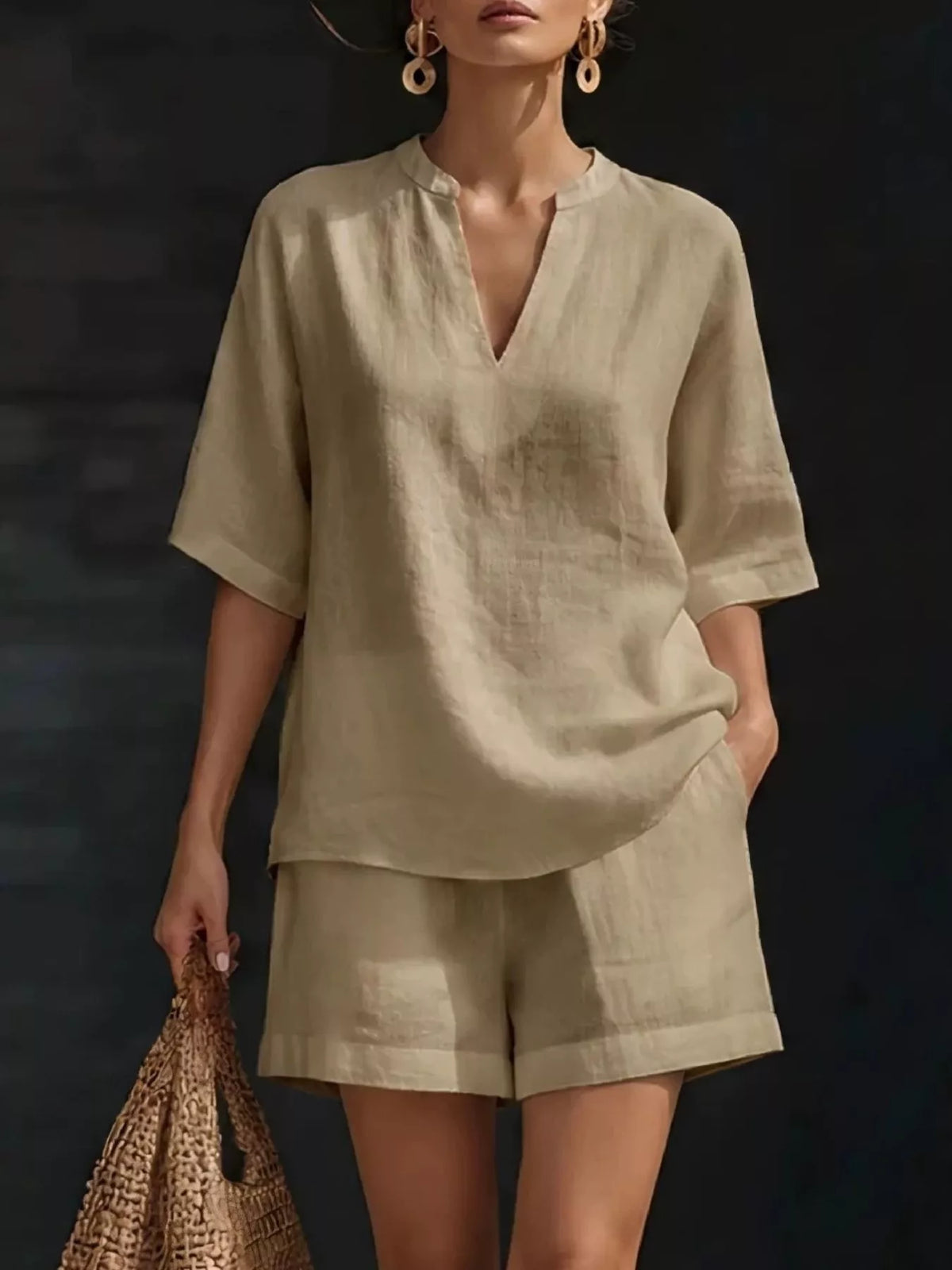 Notched top and shorts set – khaki