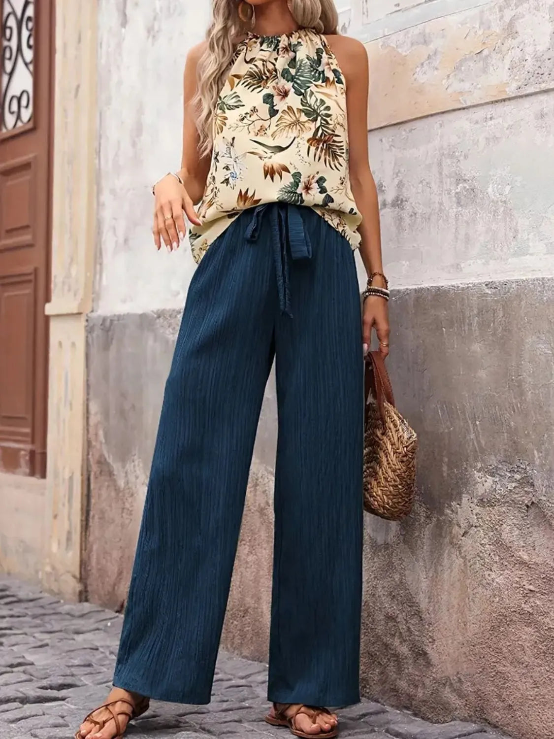 Printed tank top and wide leg pants set, Peacock  Blue