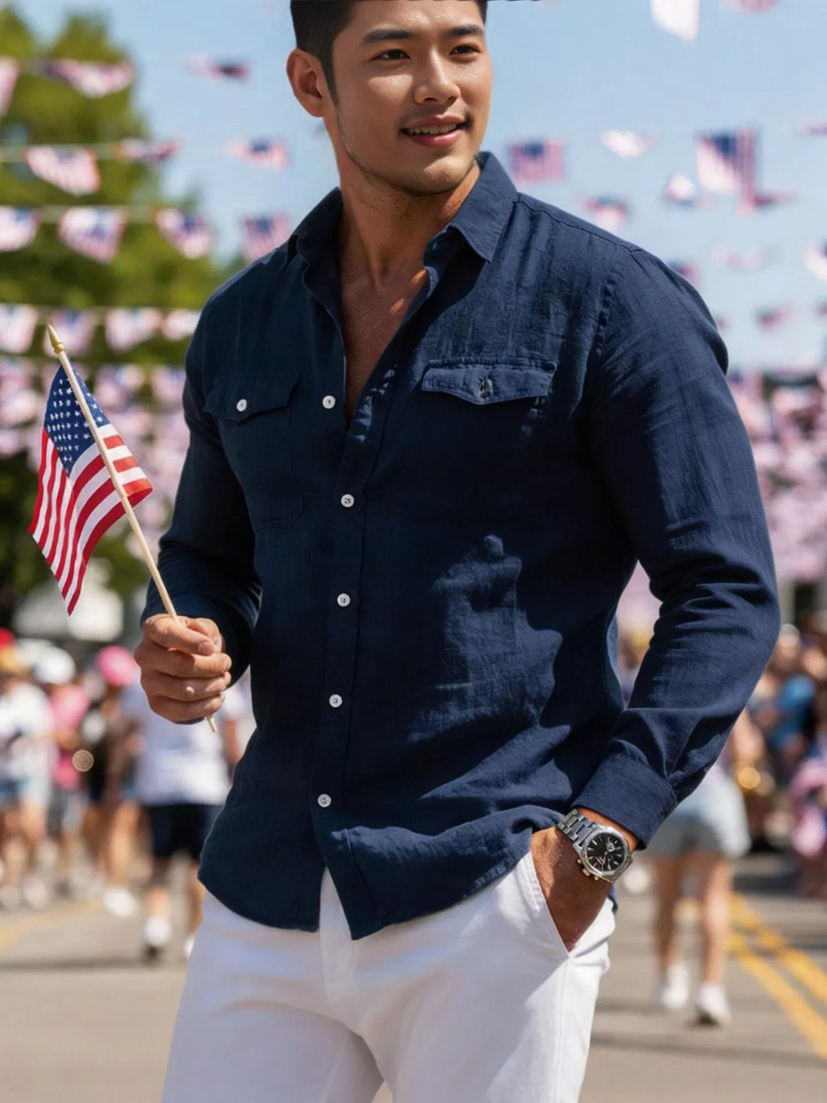 Casual button up shirt with chest pockets, Navy Blue
